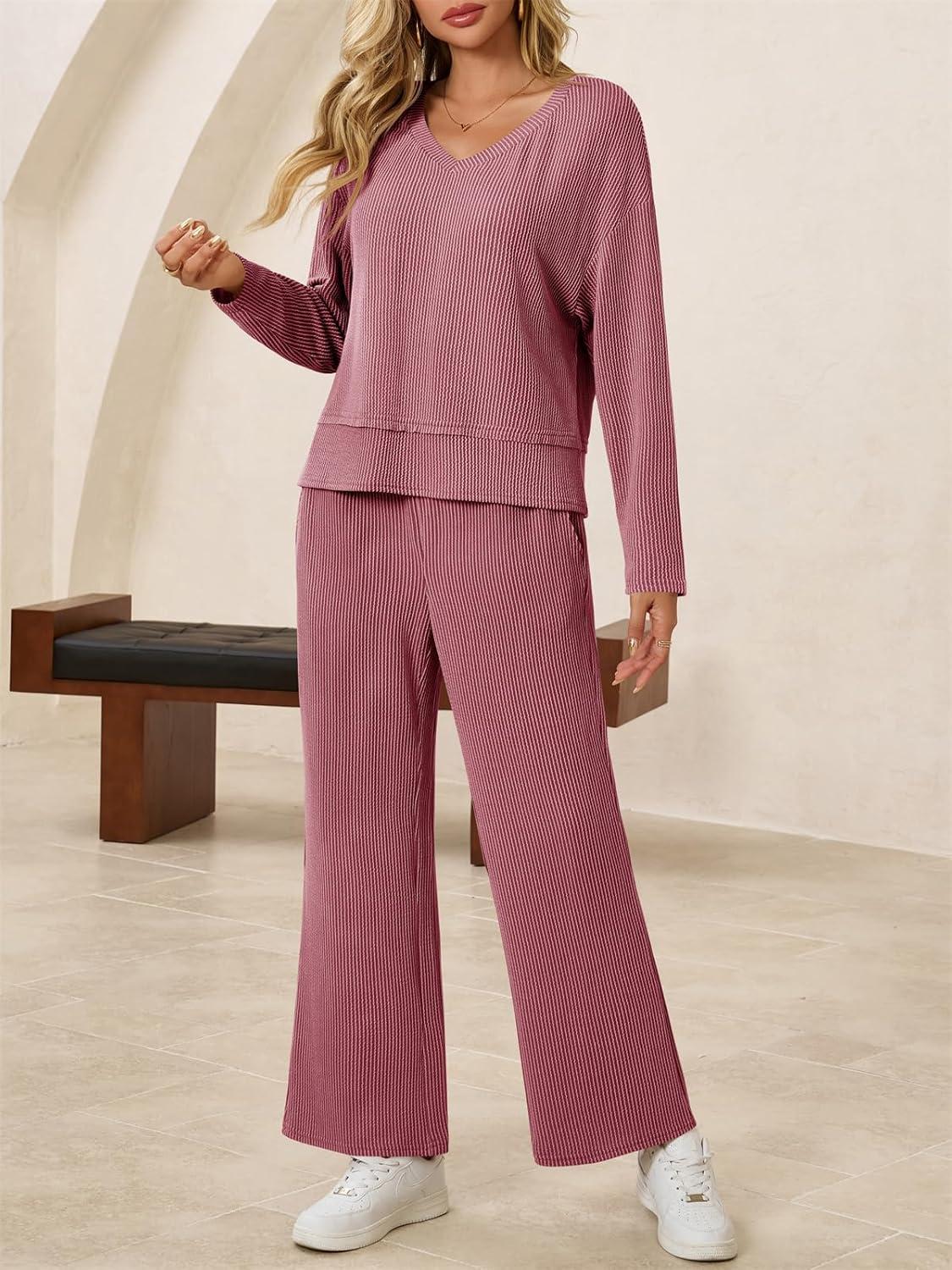 imageTankaneo Womens 2 Piece Outfits Ribbed Pajama Sets V Neck Long Sleeve Loose Fit Tops Wide Leg Pants Sleepwear PJ SetBurgundy