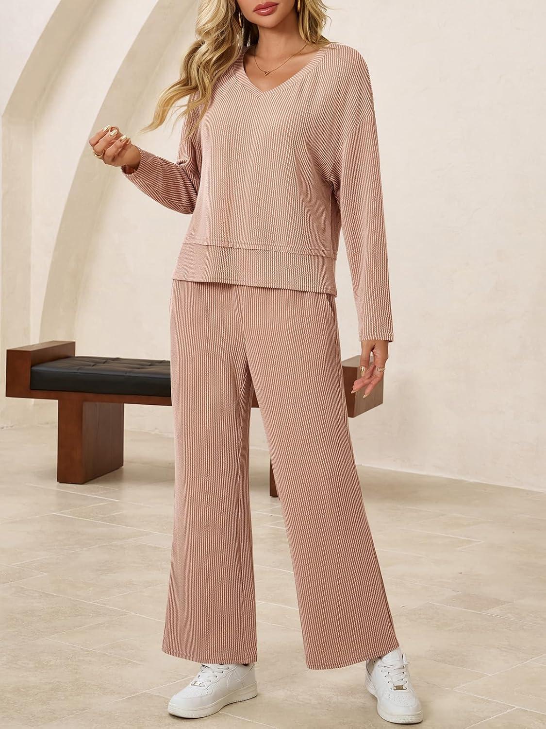 imageTankaneo Womens 2 Piece Outfits Ribbed Pajama Sets V Neck Long Sleeve Loose Fit Tops Wide Leg Pants Sleepwear PJ SetKhaki