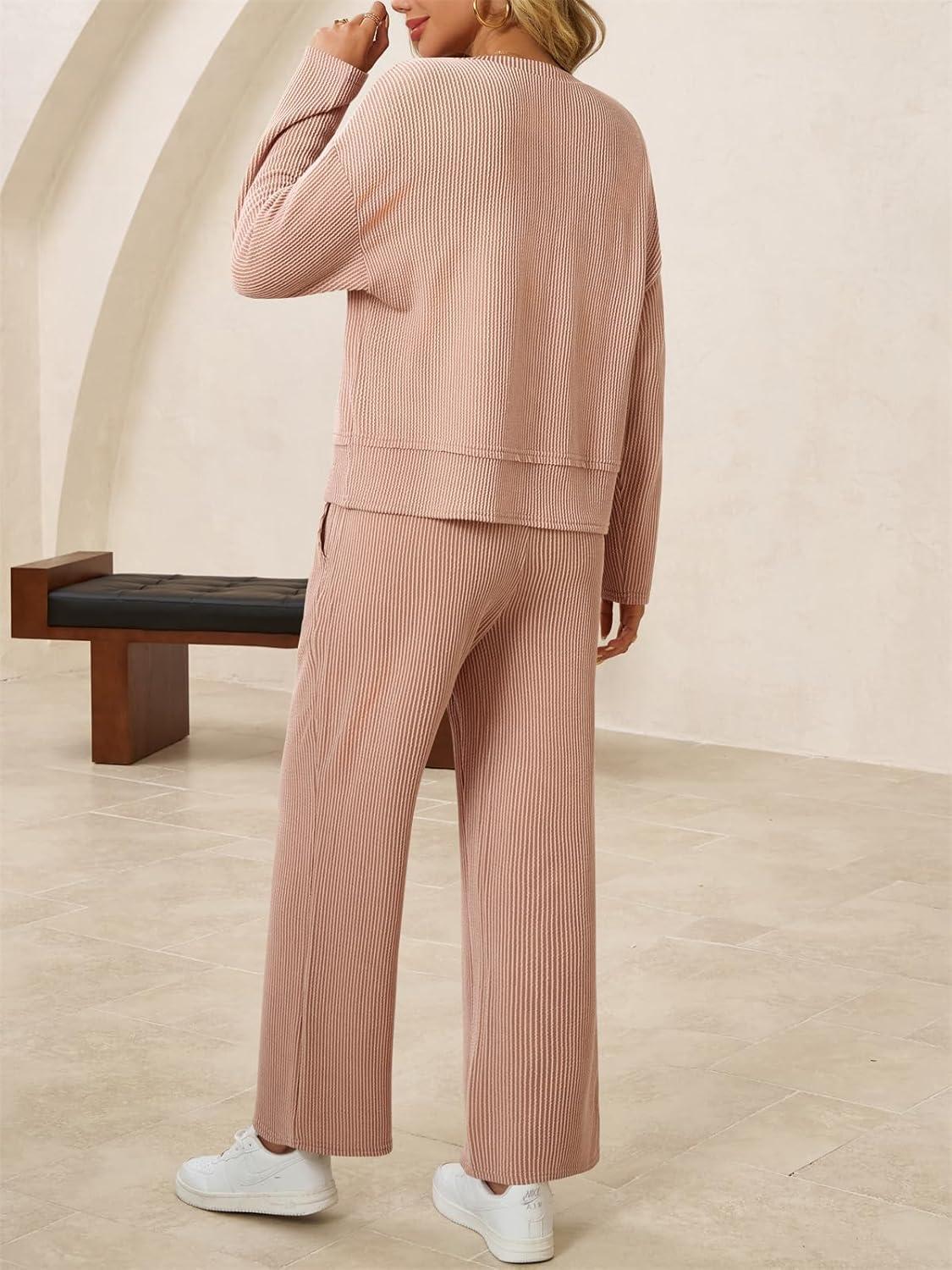 imageTankaneo Womens 2 Piece Outfits Ribbed Pajama Sets V Neck Long Sleeve Loose Fit Tops Wide Leg Pants Sleepwear PJ SetKhaki