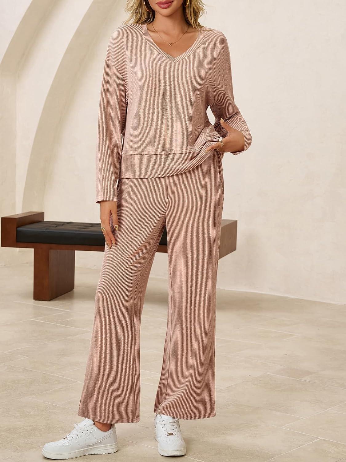 imageTankaneo Womens 2 Piece Outfits Ribbed Pajama Sets V Neck Long Sleeve Loose Fit Tops Wide Leg Pants Sleepwear PJ SetKhaki