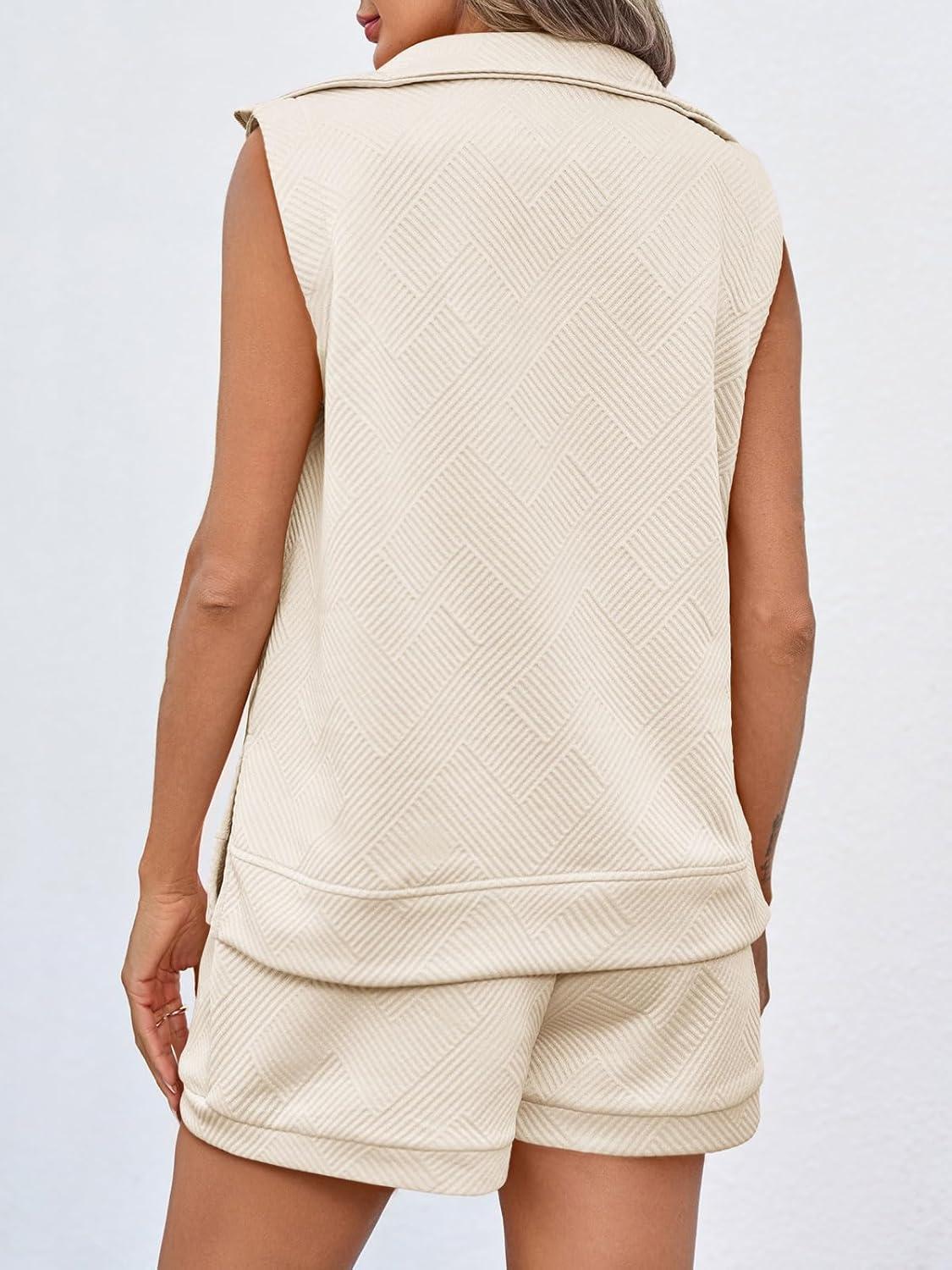 imageTankaneo Womens 2 Piece Outfits Short Sets Half Zip Sleeveless Tops and Drawstring Shorts Loungewear Sweatsuit SetBeige