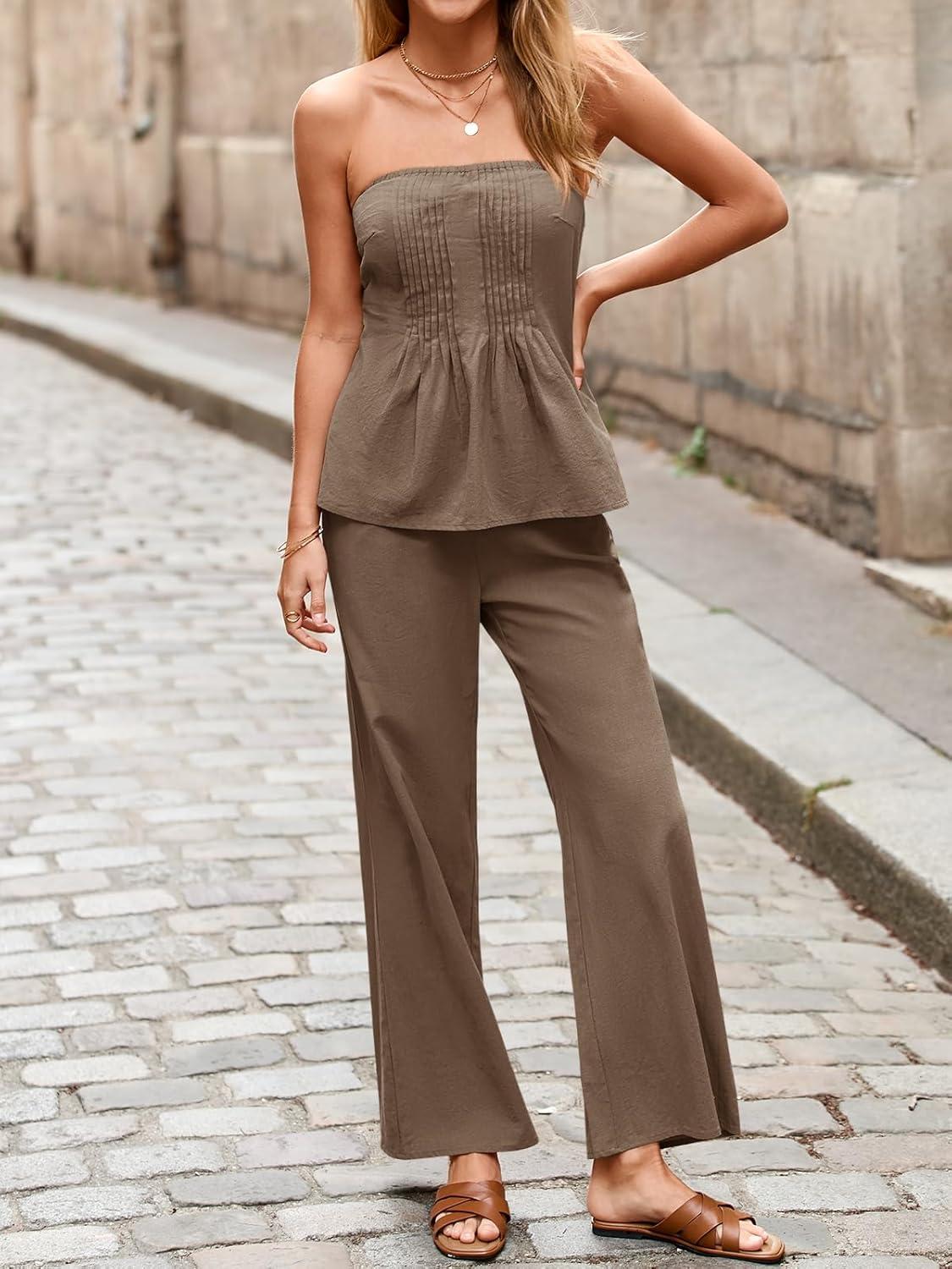 imageTankaneo Womens 2 Piece Outfits Summer Strapless Tube Tops Wide Leg Pants Cotton Vacation Pleated Matching Lounge SetBrown