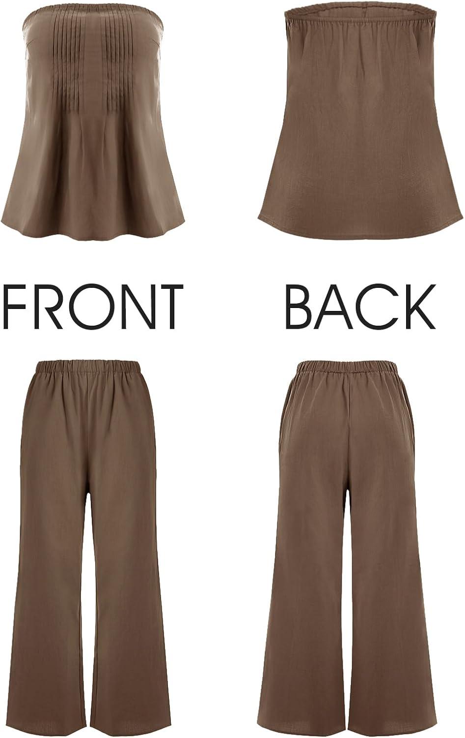 imageTankaneo Womens 2 Piece Outfits Summer Strapless Tube Tops Wide Leg Pants Cotton Vacation Pleated Matching Lounge SetBrown