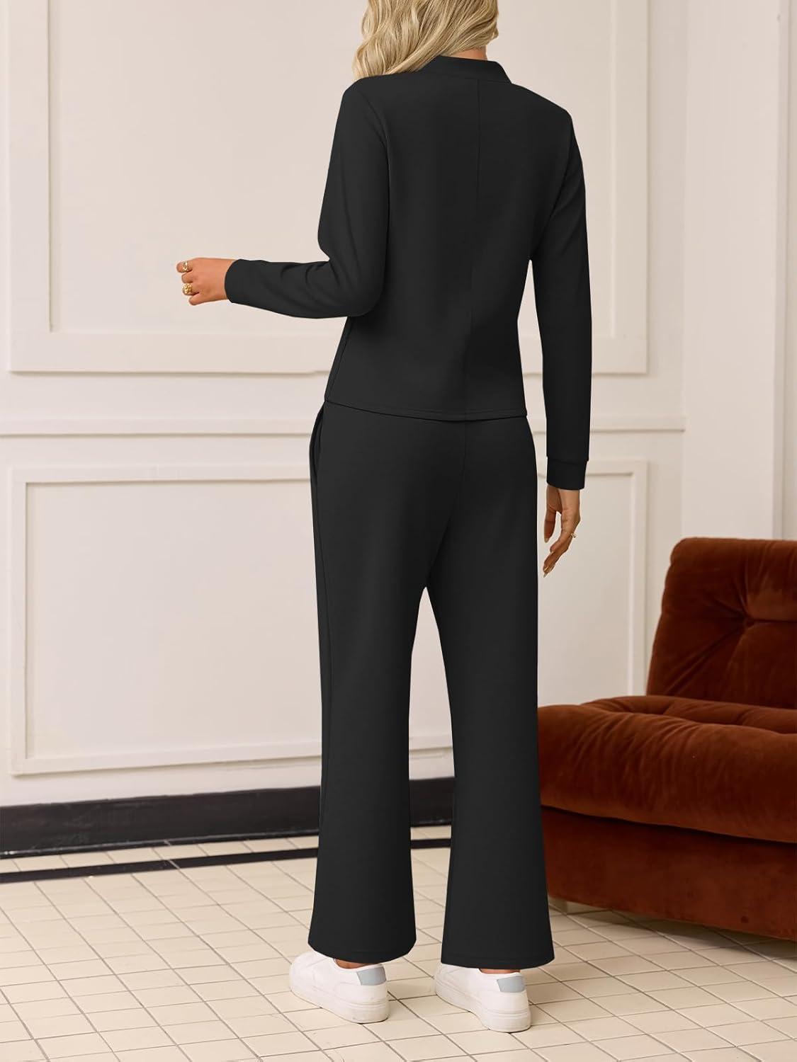 imageTankaneo Womens 2 Piece Sets Mock Neck Long Sleeve Tops Wide Leg Pants Lounge Set Vacation Travel Fall Outfits TracksuitBlack