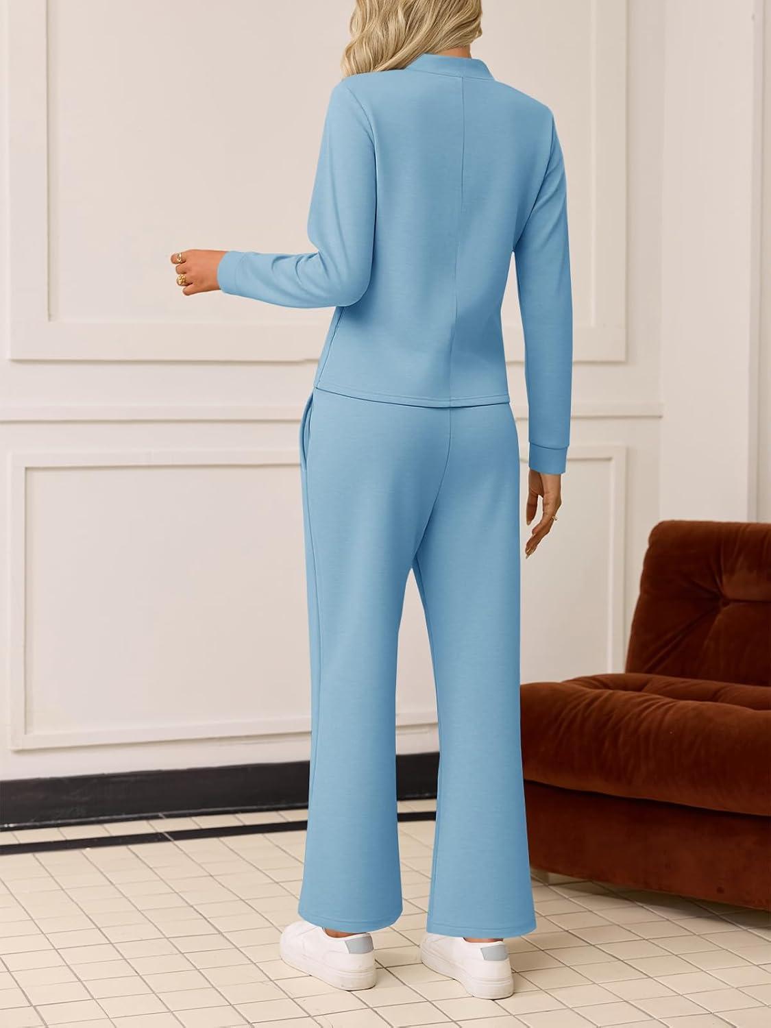 imageTankaneo Womens 2 Piece Sets Mock Neck Long Sleeve Tops Wide Leg Pants Lounge Set Vacation Travel Fall Outfits TracksuitBlue