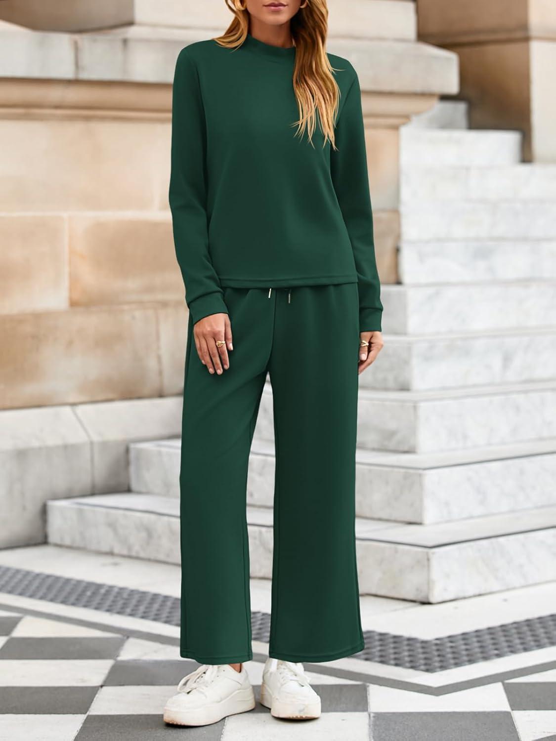 imageTankaneo Womens 2 Piece Sets Mock Neck Long Sleeve Tops Wide Leg Pants Lounge Set Vacation Travel Fall Outfits TracksuitDark Green