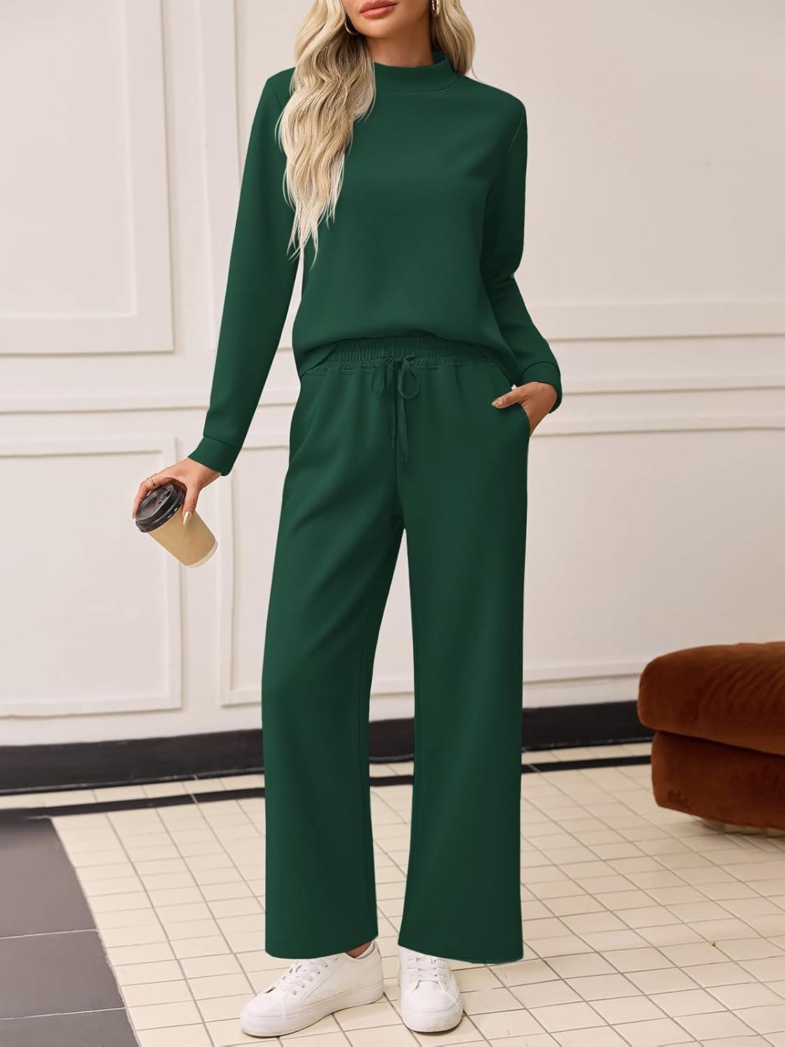 imageTankaneo Womens 2 Piece Sets Mock Neck Long Sleeve Tops Wide Leg Pants Lounge Set Vacation Travel Fall Outfits TracksuitDark Green