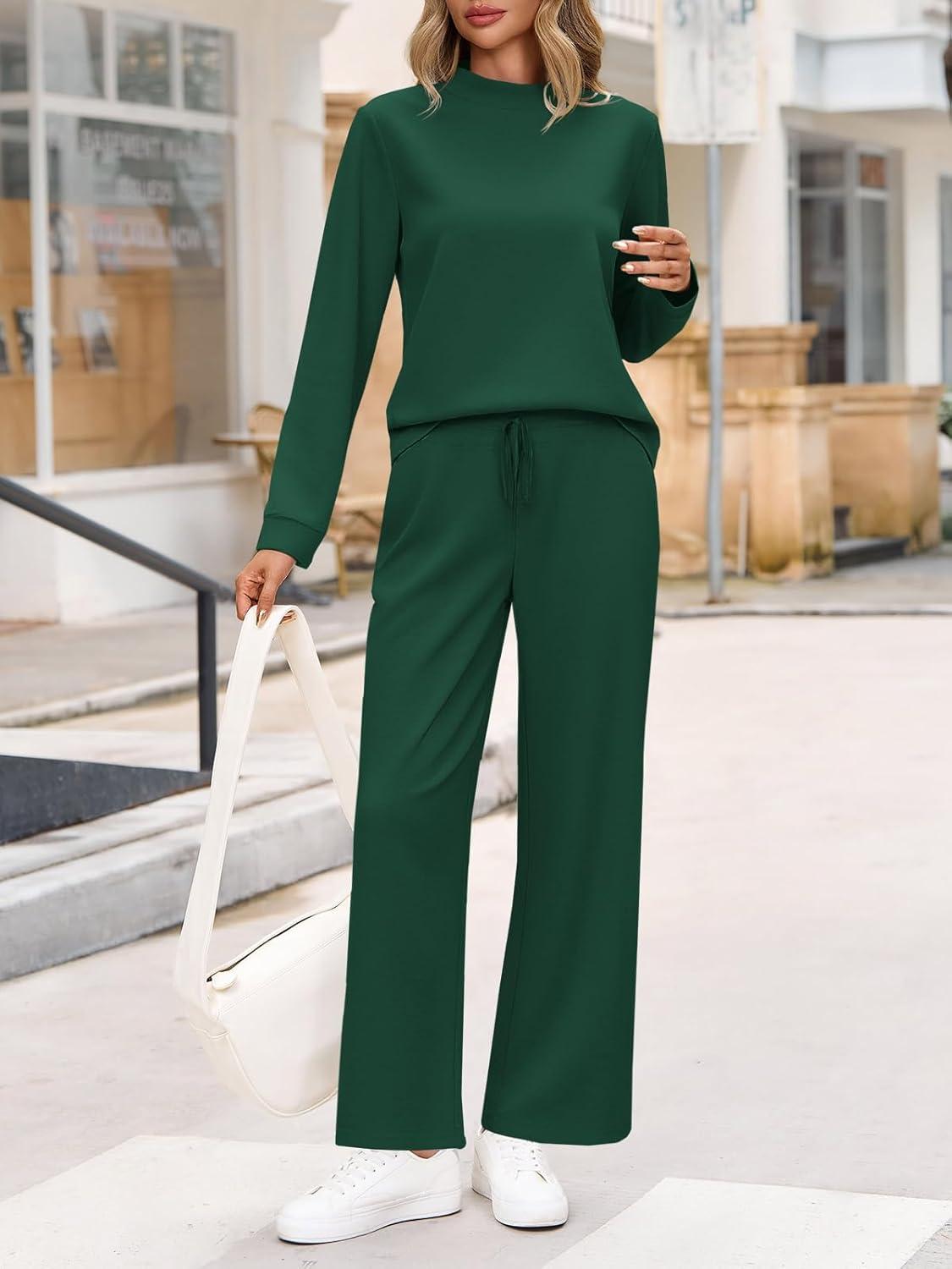imageTankaneo Womens 2 Piece Sets Mock Neck Long Sleeve Tops Wide Leg Pants Lounge Set Vacation Travel Fall Outfits TracksuitDark Green
