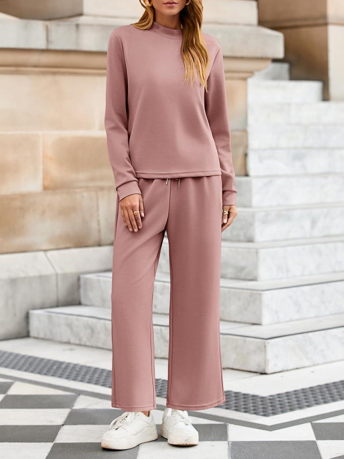 imageTankaneo Womens 2 Piece Sets Mock Neck Long Sleeve Tops Wide Leg Pants Lounge Set Vacation Travel Fall Outfits TracksuitPink