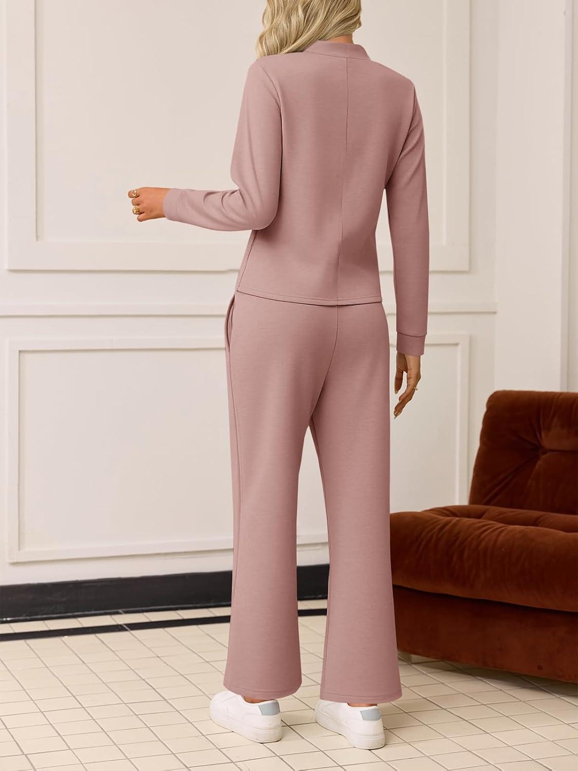 imageTankaneo Womens 2 Piece Sets Mock Neck Long Sleeve Tops Wide Leg Pants Lounge Set Vacation Travel Fall Outfits TracksuitPink