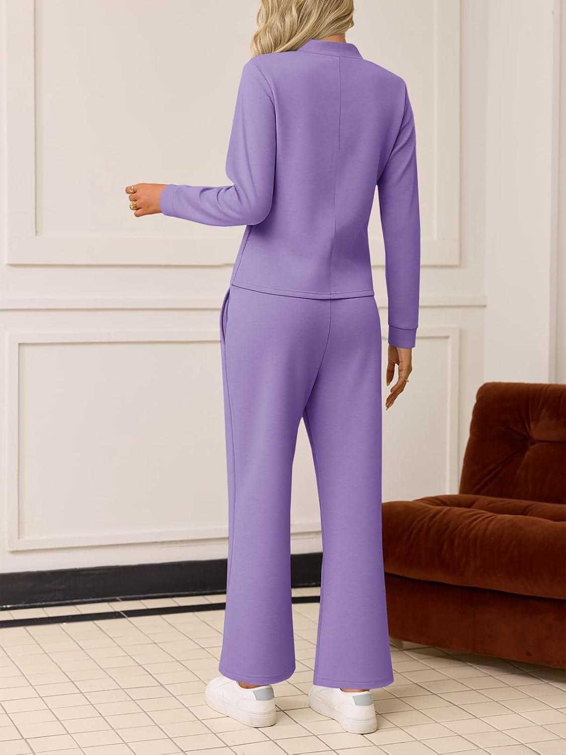 imageTankaneo Womens 2 Piece Sets Mock Neck Long Sleeve Tops Wide Leg Pants Lounge Set Vacation Travel Fall Outfits TracksuitPurple