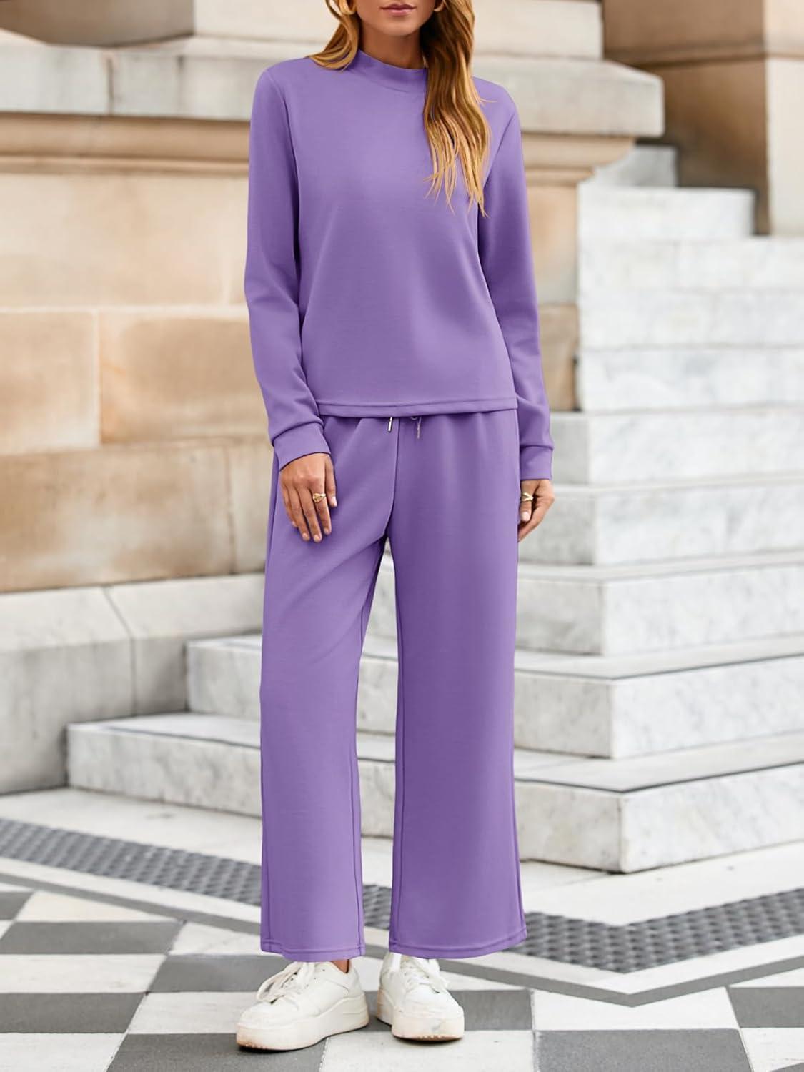 imageTankaneo Womens 2 Piece Sets Mock Neck Long Sleeve Tops Wide Leg Pants Lounge Set Vacation Travel Fall Outfits TracksuitPurple