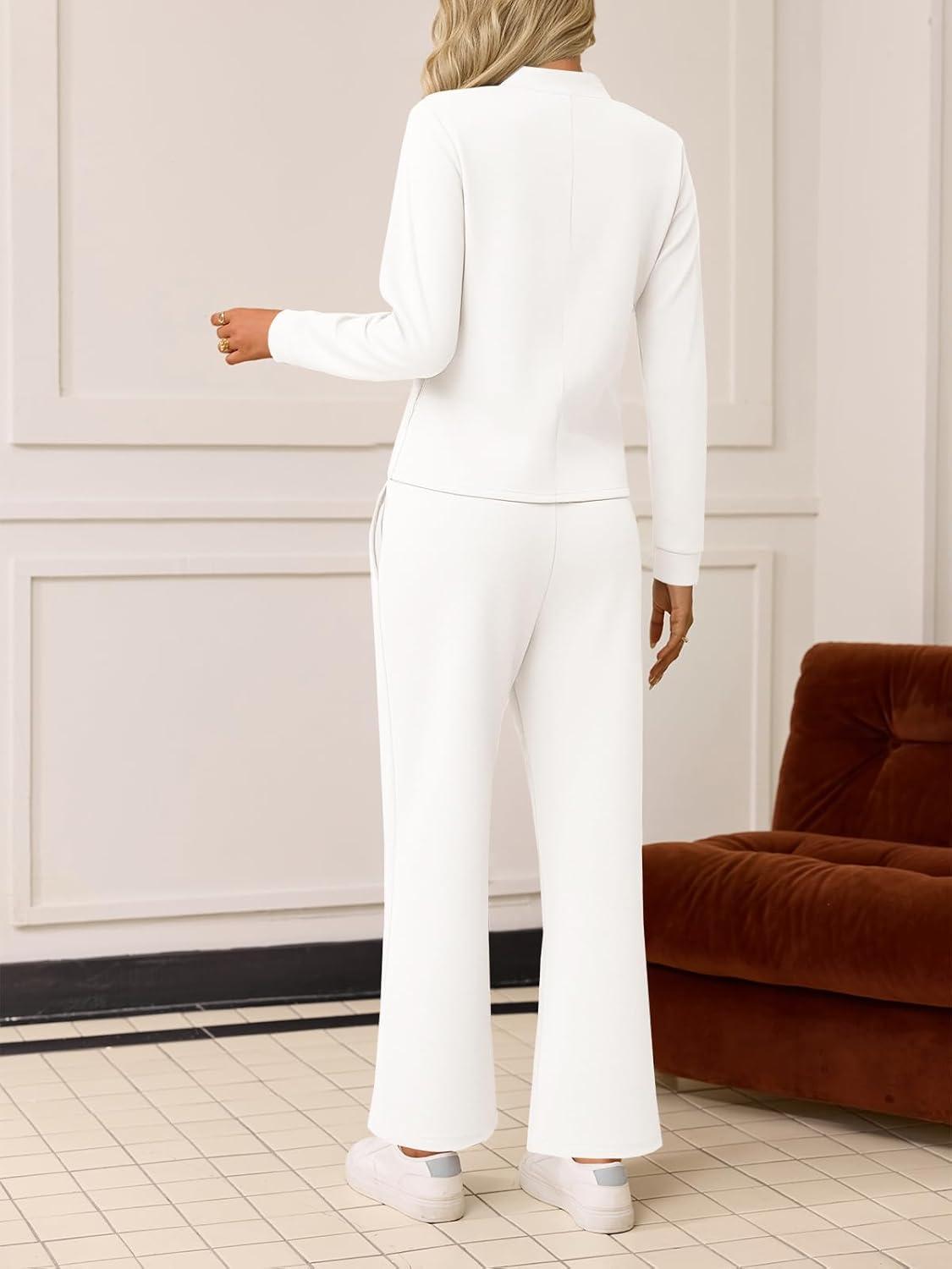 imageTankaneo Womens 2 Piece Sets Mock Neck Long Sleeve Tops Wide Leg Pants Lounge Set Vacation Travel Fall Outfits TracksuitWhite