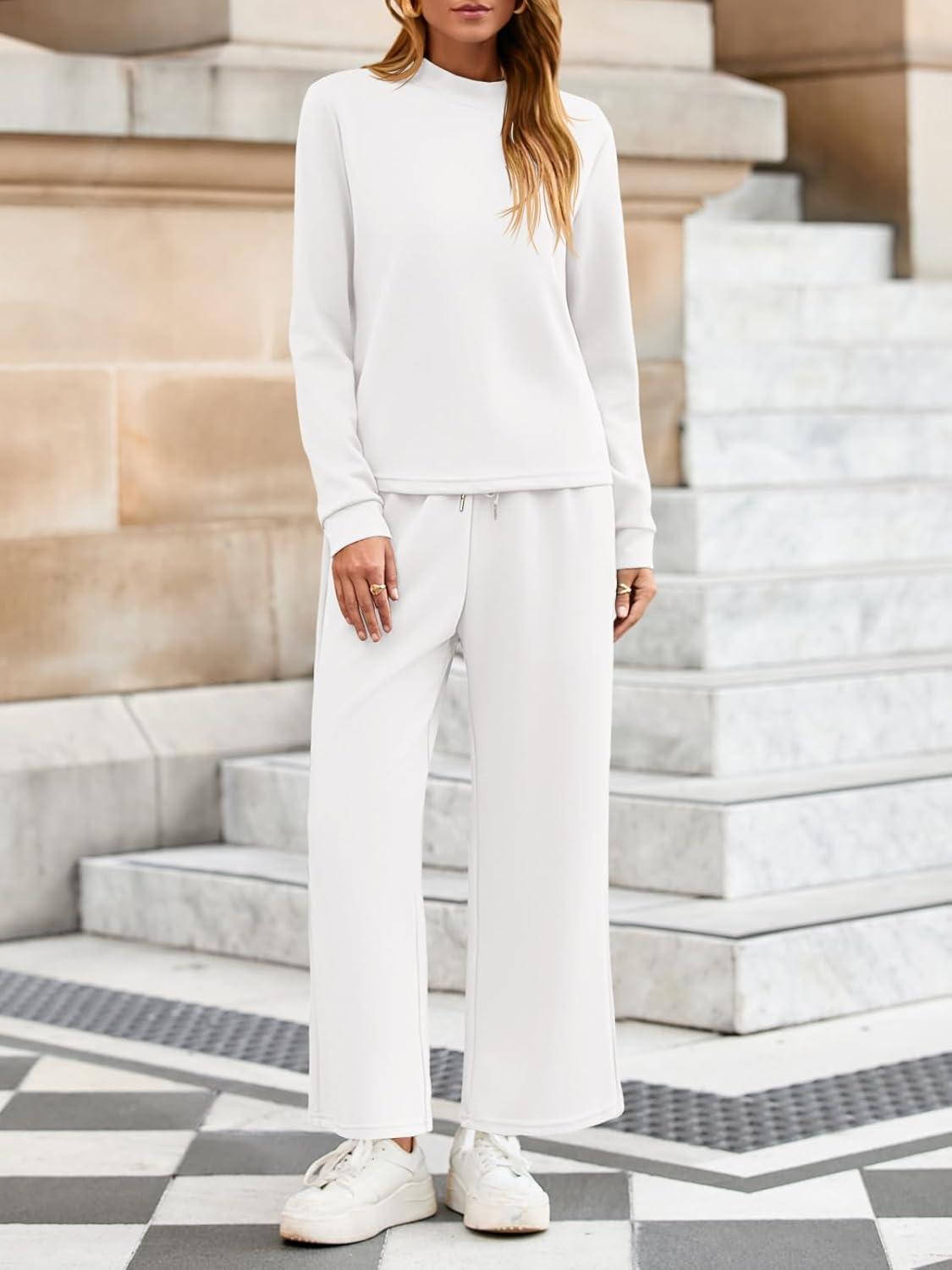 imageTankaneo Womens 2 Piece Sets Mock Neck Long Sleeve Tops Wide Leg Pants Lounge Set Vacation Travel Fall Outfits TracksuitWhite