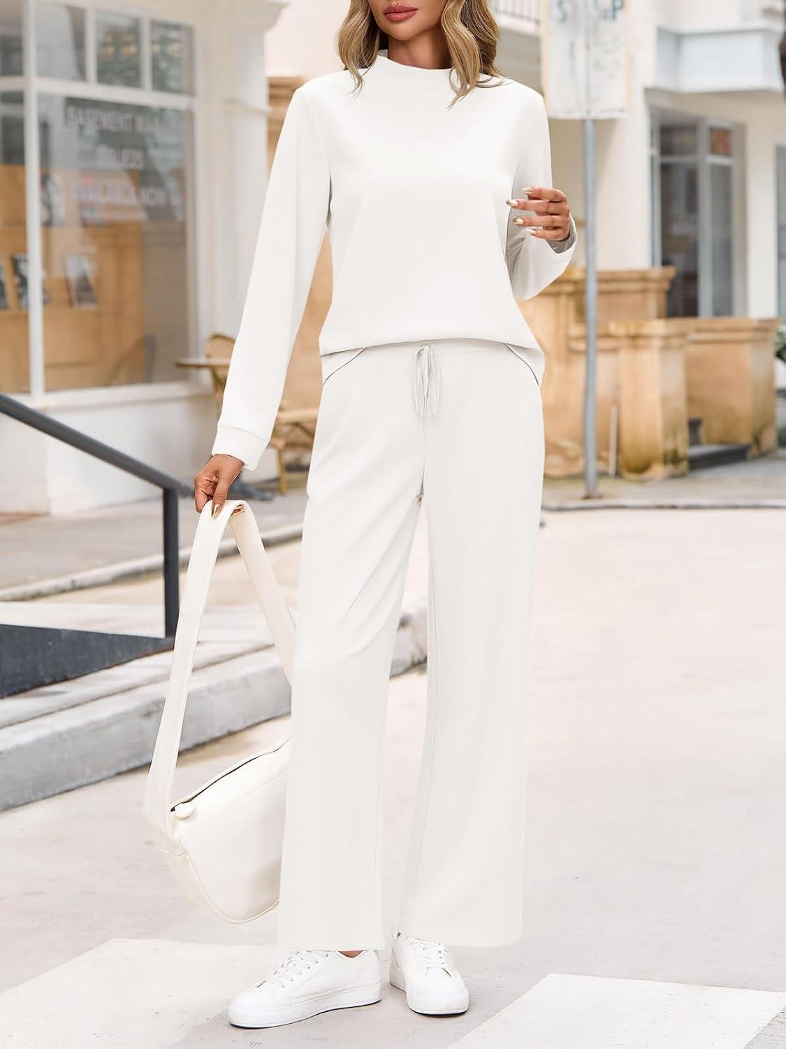 imageTankaneo Womens 2 Piece Sets Mock Neck Long Sleeve Tops Wide Leg Pants Lounge Set Vacation Travel Fall Outfits TracksuitWhite