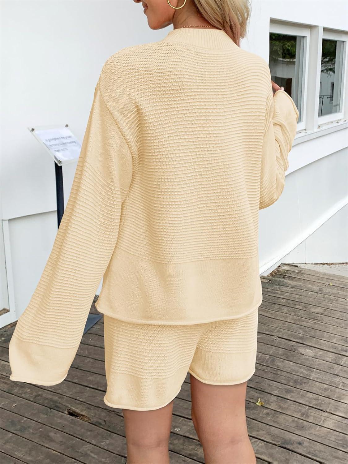 imageTankaneo Womens 2 Piece Short Sets Bell Sleeve Mock Neck Oversized Sweater and Shorts Fall Sweater Sets Lounge Matching SetBeige