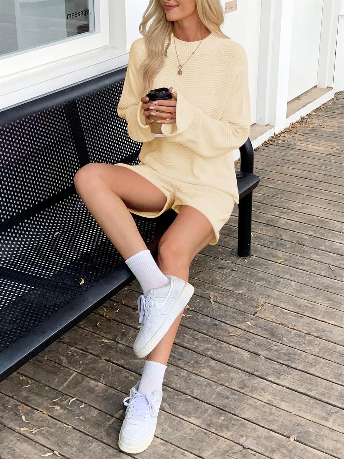 imageTankaneo Womens 2 Piece Short Sets Bell Sleeve Mock Neck Oversized Sweater and Shorts Fall Sweater Sets Lounge Matching SetBeige