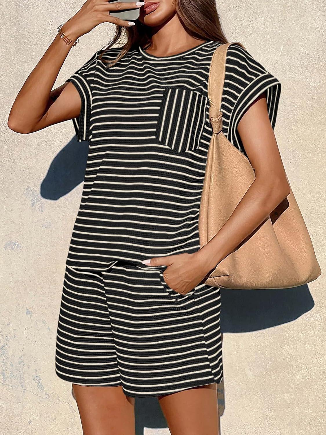 imageTankaneo Womens 2 Piece Short Sets Striped Summer Outfits Cap Sleeve Tops and Elastic Waist Lounge Matching SetBlack