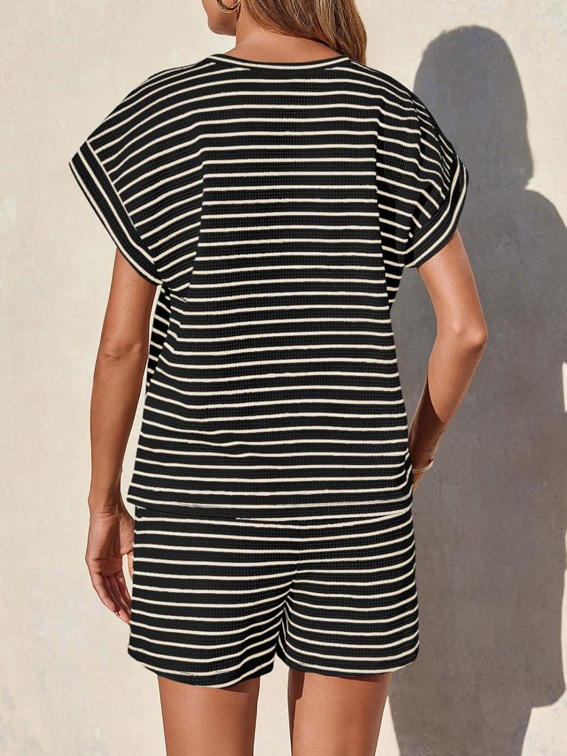 imageTankaneo Womens 2 Piece Short Sets Striped Summer Outfits Cap Sleeve Tops and Elastic Waist Lounge Matching SetBlack