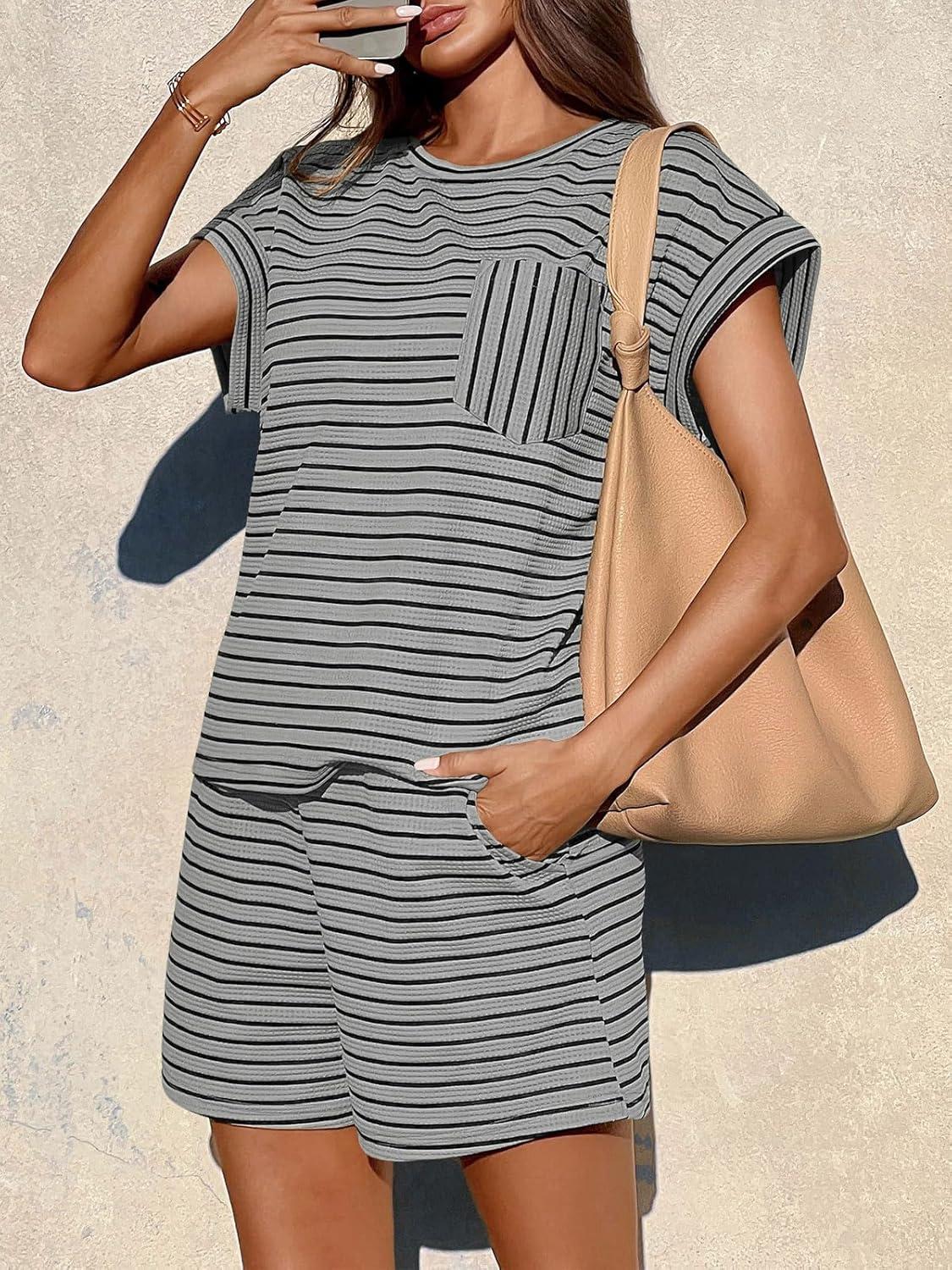 imageTankaneo Womens 2 Piece Short Sets Striped Summer Outfits Cap Sleeve Tops and Elastic Waist Lounge Matching SetGrey
