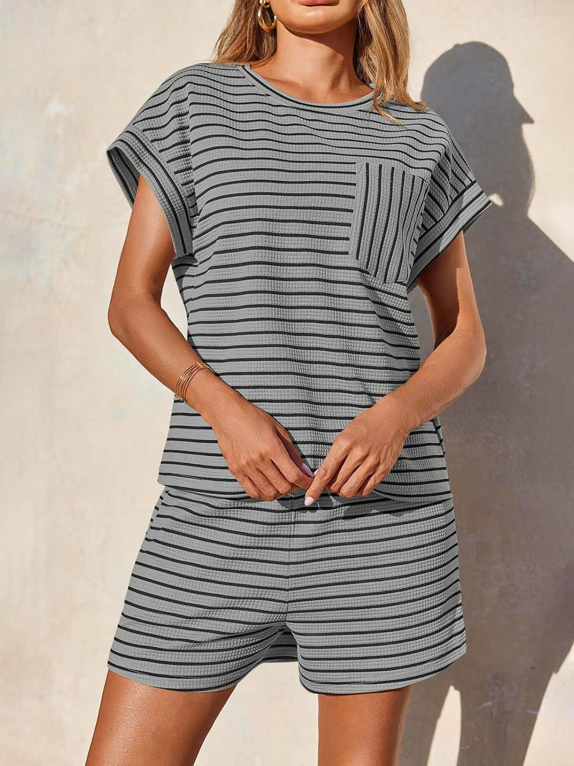 imageTankaneo Womens 2 Piece Short Sets Striped Summer Outfits Cap Sleeve Tops and Elastic Waist Lounge Matching SetGrey