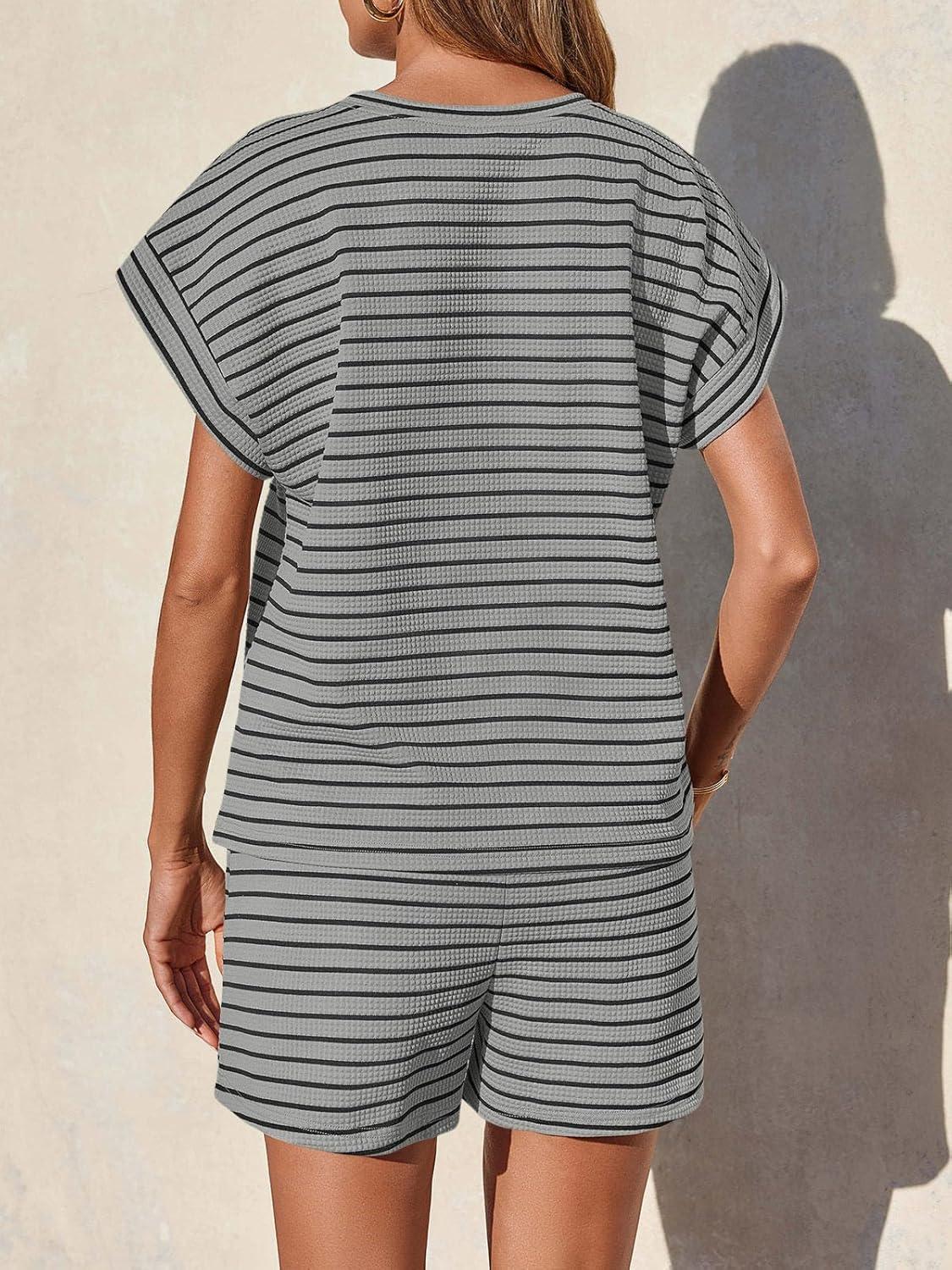 imageTankaneo Womens 2 Piece Short Sets Striped Summer Outfits Cap Sleeve Tops and Elastic Waist Lounge Matching SetGrey