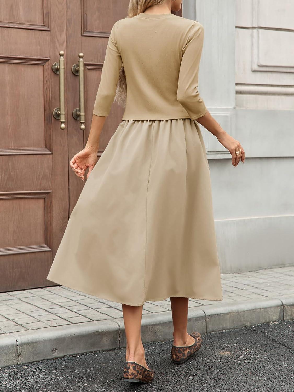 imageTankaneo Womens 2 Piece Skirt Sets 34 Sleeve Knit Cardigan Elastic Waist Midi Skirt Outfits Casual Matching Dress SetApricot