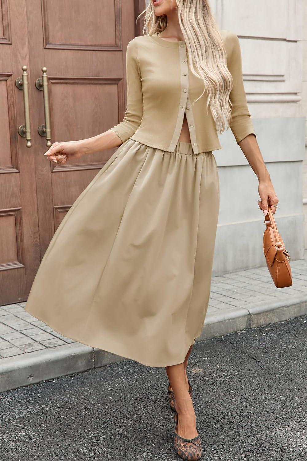 imageTankaneo Womens 2 Piece Skirt Sets 34 Sleeve Knit Cardigan Elastic Waist Midi Skirt Outfits Casual Matching Dress SetApricot