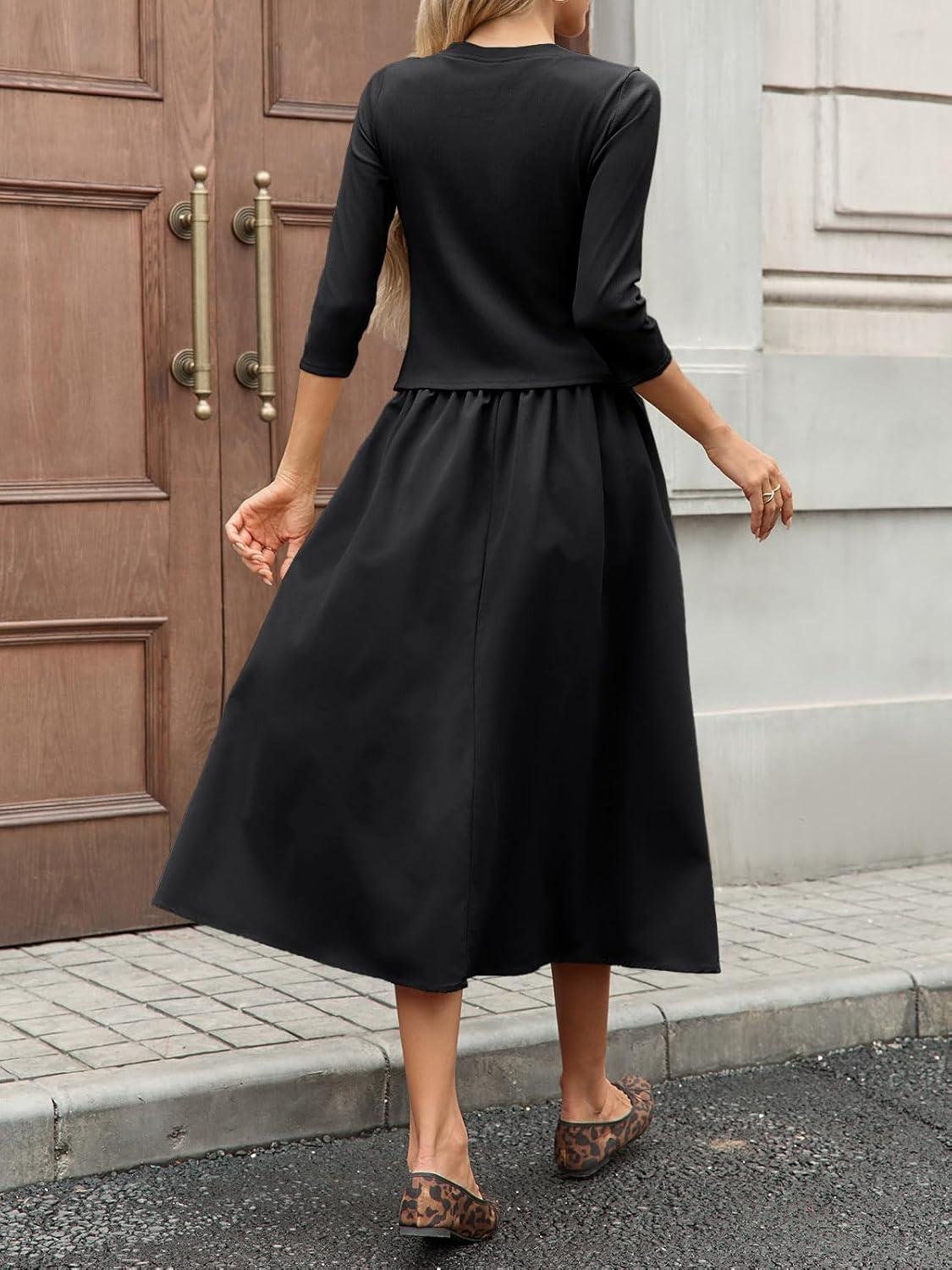 imageTankaneo Womens 2 Piece Skirt Sets 34 Sleeve Knit Cardigan Elastic Waist Midi Skirt Outfits Casual Matching Dress SetBlack