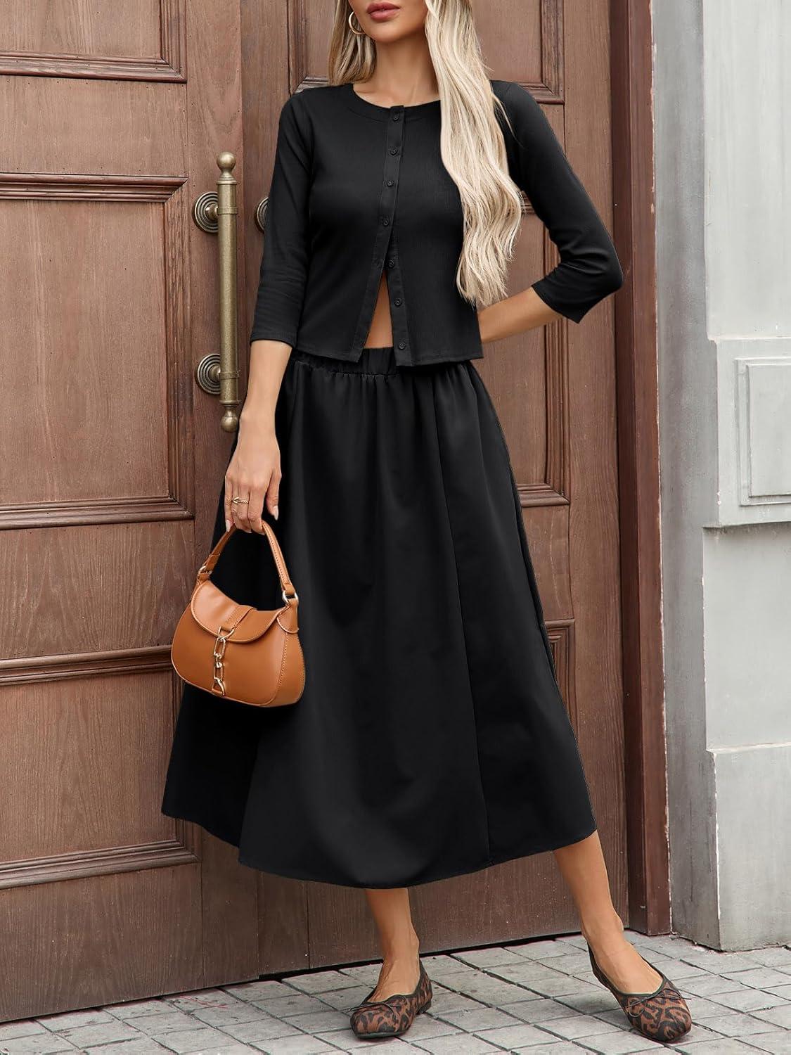 imageTankaneo Womens 2 Piece Skirt Sets 34 Sleeve Knit Cardigan Elastic Waist Midi Skirt Outfits Casual Matching Dress SetBlack