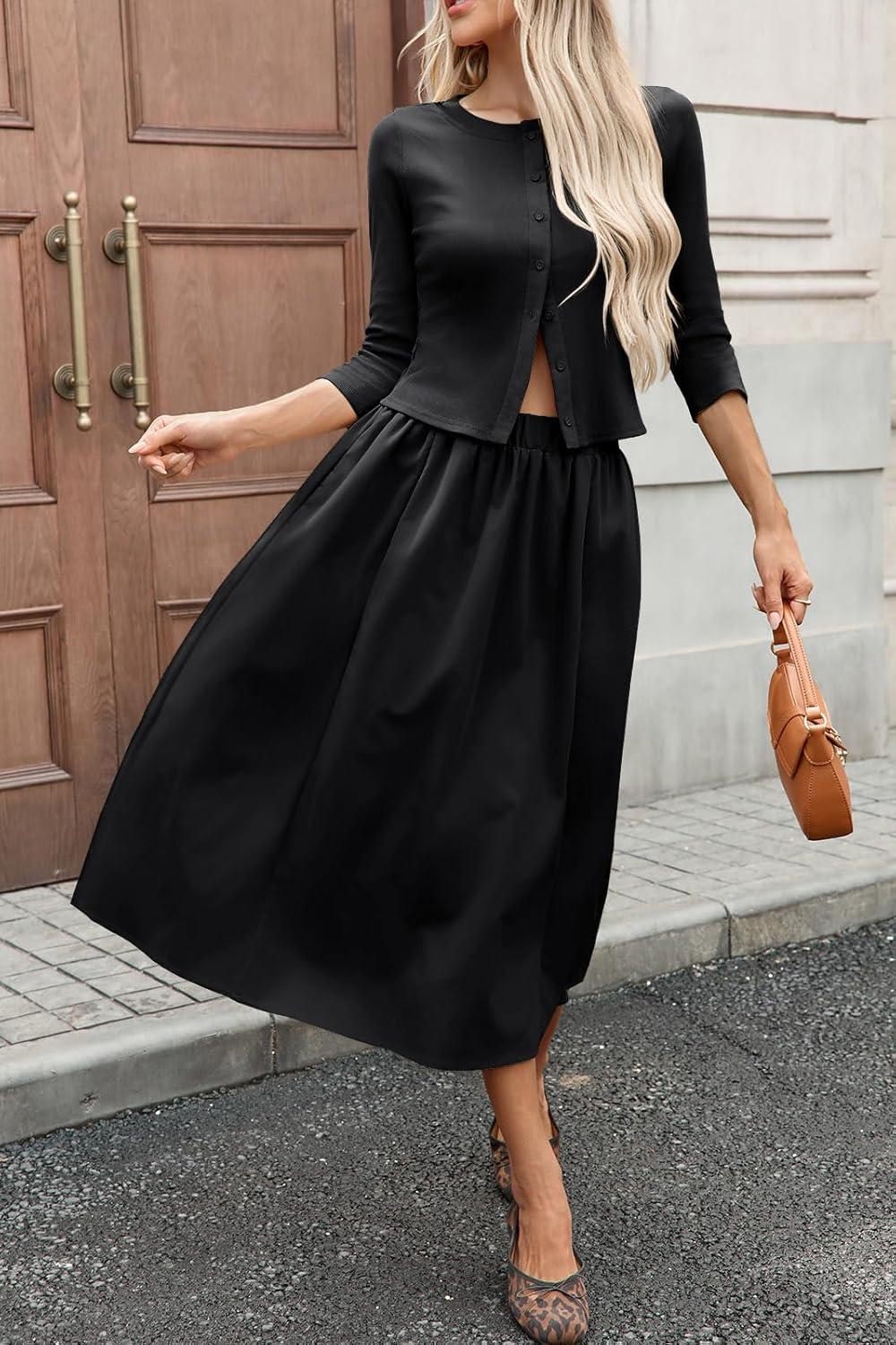 imageTankaneo Womens 2 Piece Skirt Sets 34 Sleeve Knit Cardigan Elastic Waist Midi Skirt Outfits Casual Matching Dress SetBlack