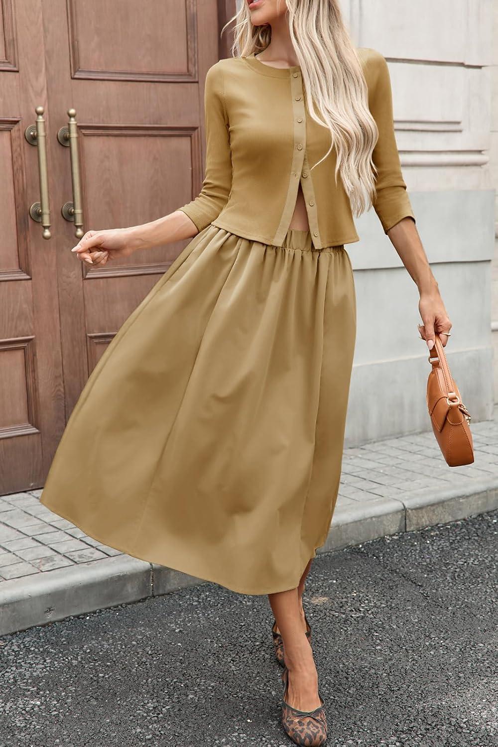 imageTankaneo Womens 2 Piece Skirt Sets 34 Sleeve Knit Cardigan Elastic Waist Midi Skirt Outfits Casual Matching Dress SetKhaki