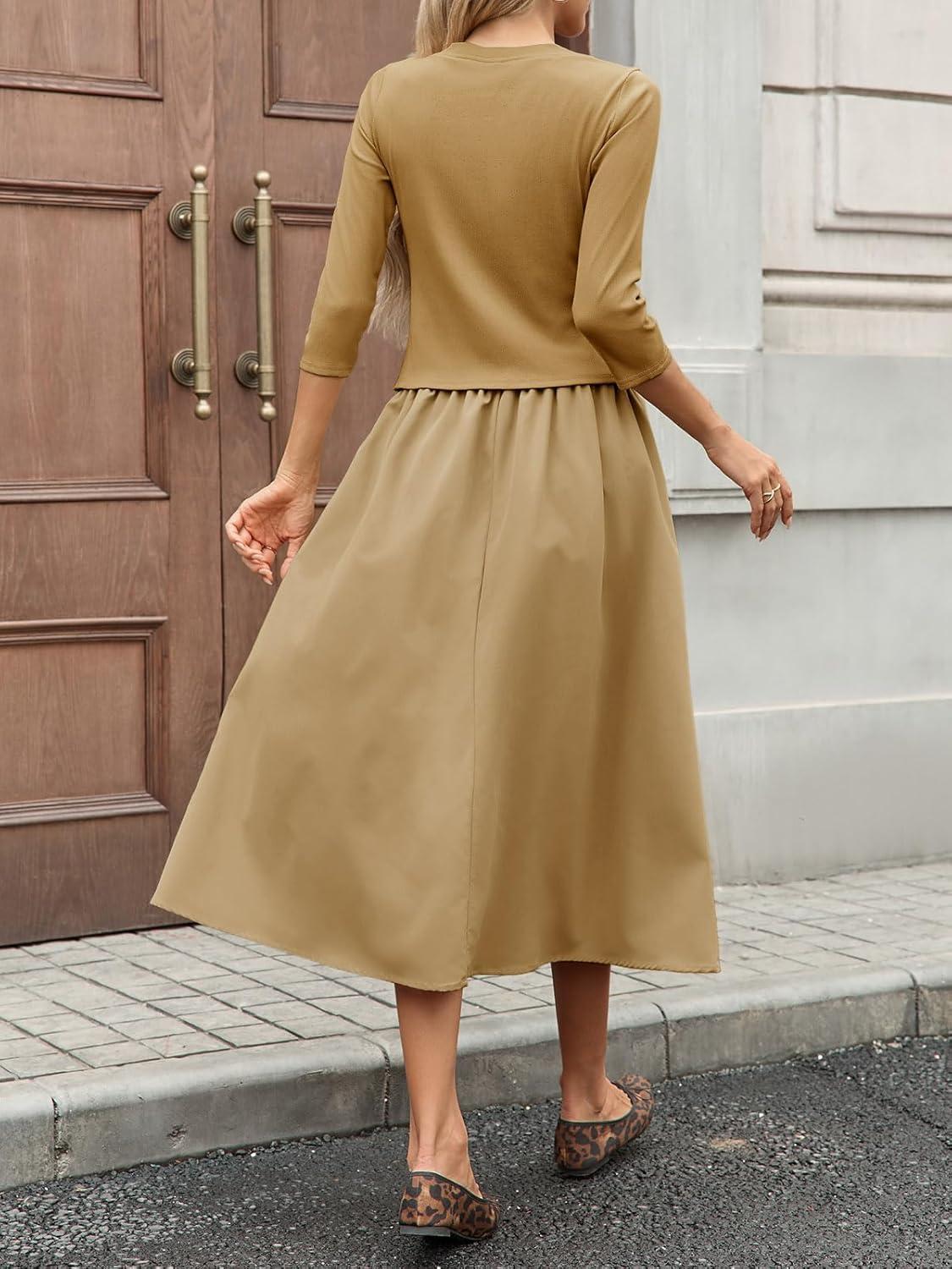 imageTankaneo Womens 2 Piece Skirt Sets 34 Sleeve Knit Cardigan Elastic Waist Midi Skirt Outfits Casual Matching Dress SetKhaki