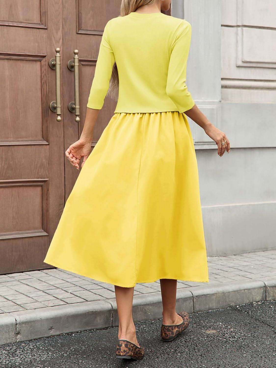 imageTankaneo Womens 2 Piece Skirt Sets 34 Sleeve Knit Cardigan Elastic Waist Midi Skirt Outfits Casual Matching Dress SetLight Yellow