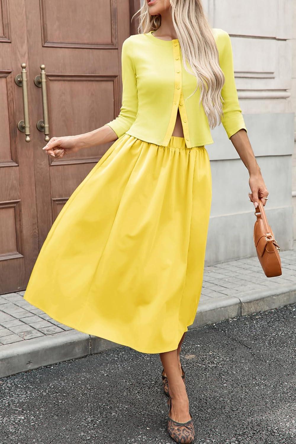 imageTankaneo Womens 2 Piece Skirt Sets 34 Sleeve Knit Cardigan Elastic Waist Midi Skirt Outfits Casual Matching Dress SetLight Yellow