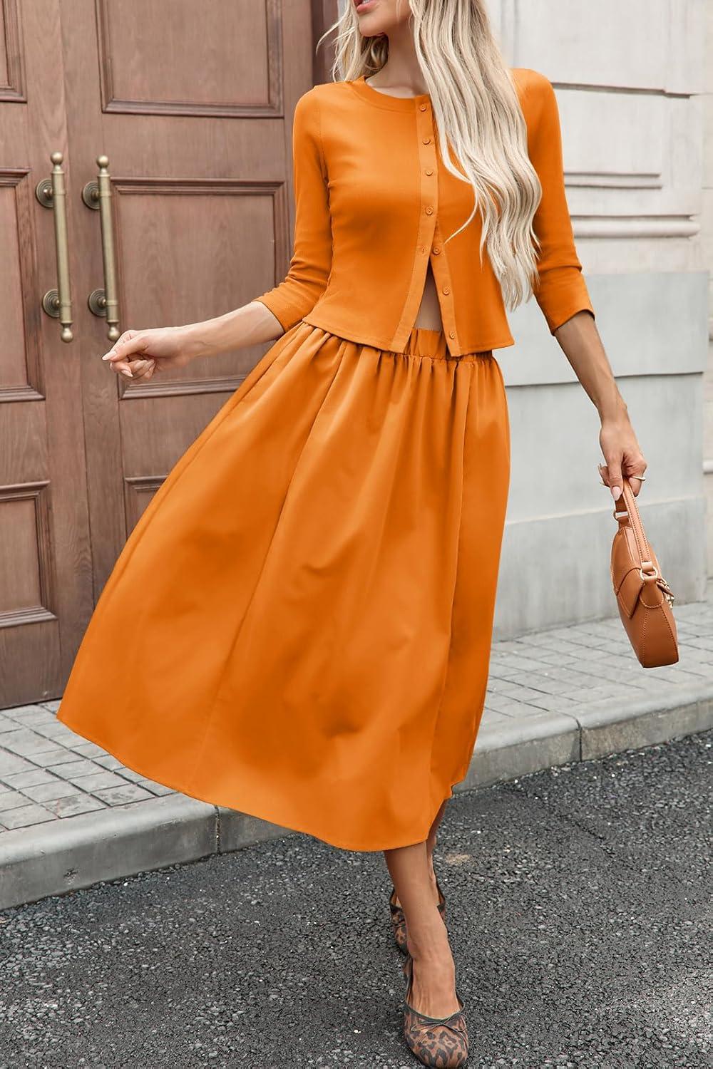 imageTankaneo Womens 2 Piece Skirt Sets 34 Sleeve Knit Cardigan Elastic Waist Midi Skirt Outfits Casual Matching Dress SetOrange
