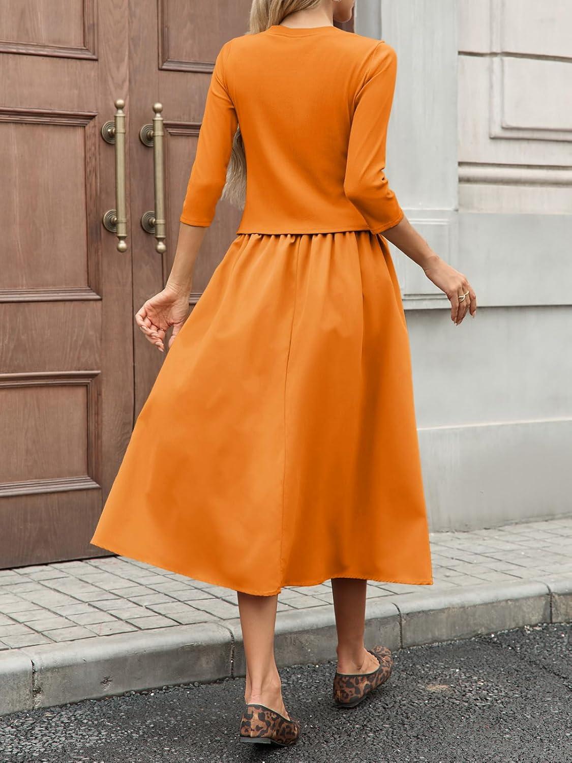 imageTankaneo Womens 2 Piece Skirt Sets 34 Sleeve Knit Cardigan Elastic Waist Midi Skirt Outfits Casual Matching Dress SetOrange