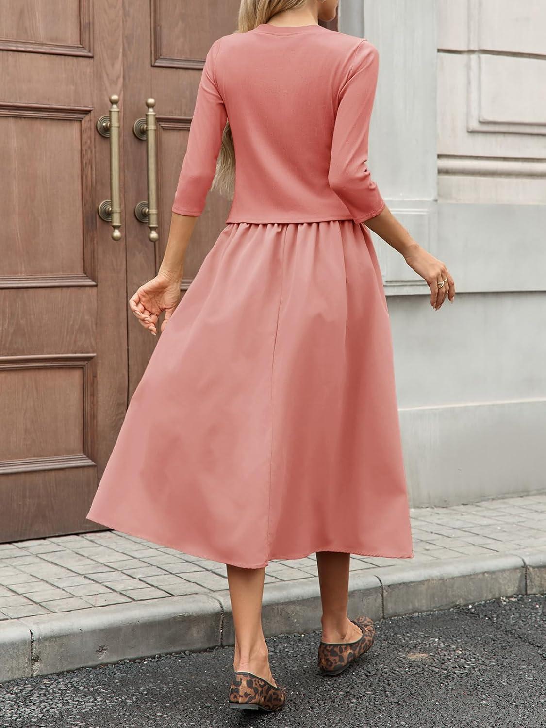imageTankaneo Womens 2 Piece Skirt Sets 34 Sleeve Knit Cardigan Elastic Waist Midi Skirt Outfits Casual Matching Dress SetPink
