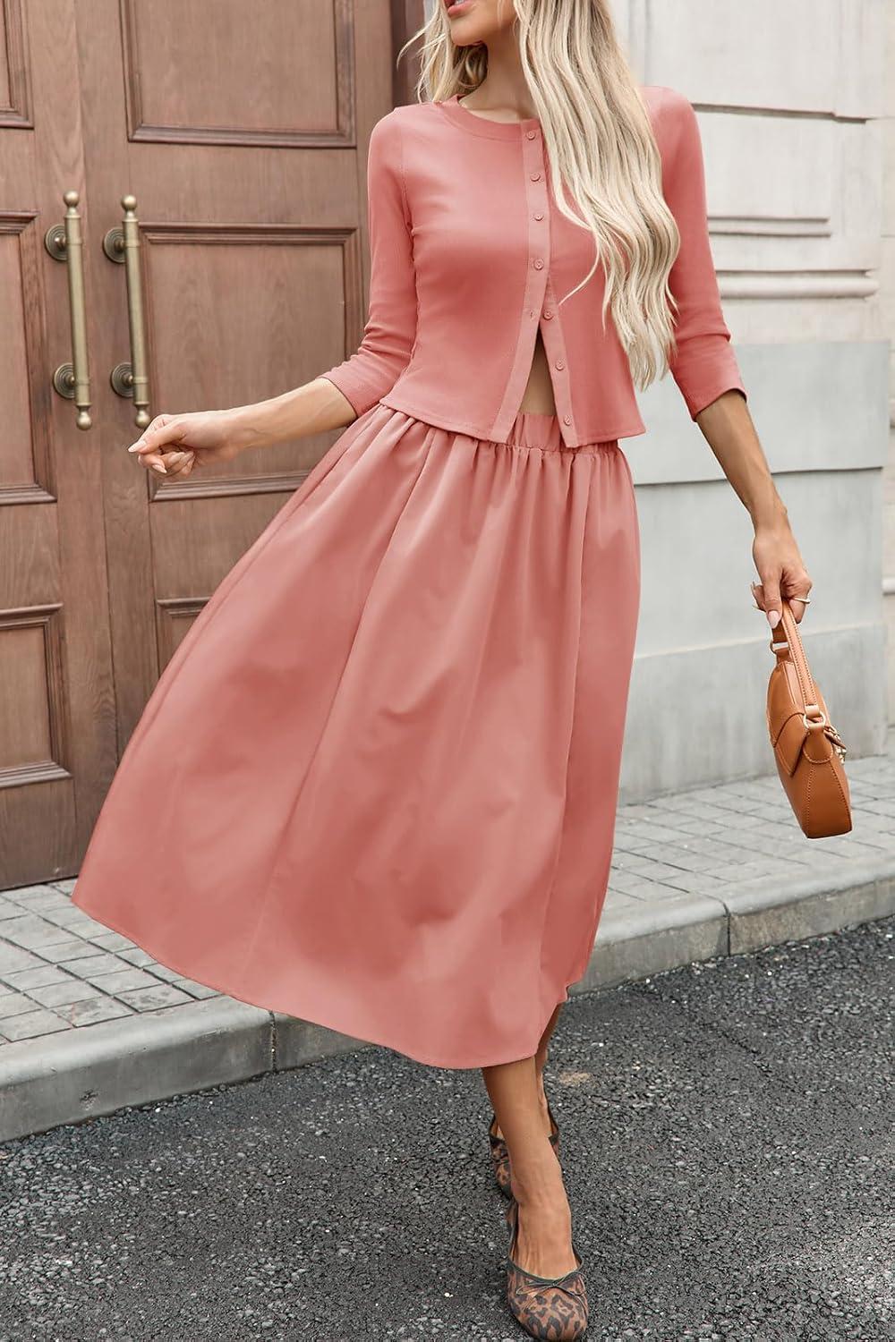 imageTankaneo Womens 2 Piece Skirt Sets 34 Sleeve Knit Cardigan Elastic Waist Midi Skirt Outfits Casual Matching Dress SetPink