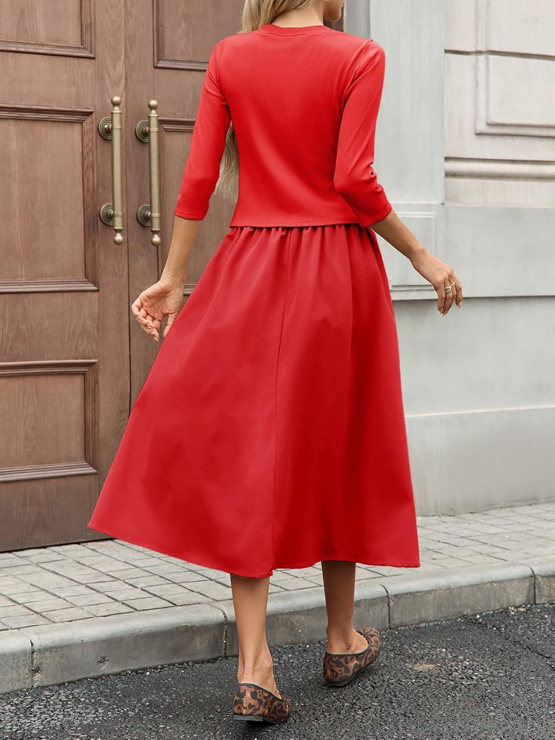 imageTankaneo Womens 2 Piece Skirt Sets 34 Sleeve Knit Cardigan Elastic Waist Midi Skirt Outfits Casual Matching Dress SetRed