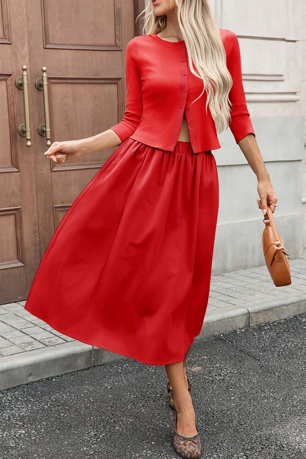 imageTankaneo Womens 2 Piece Skirt Sets 34 Sleeve Knit Cardigan Elastic Waist Midi Skirt Outfits Casual Matching Dress SetRed