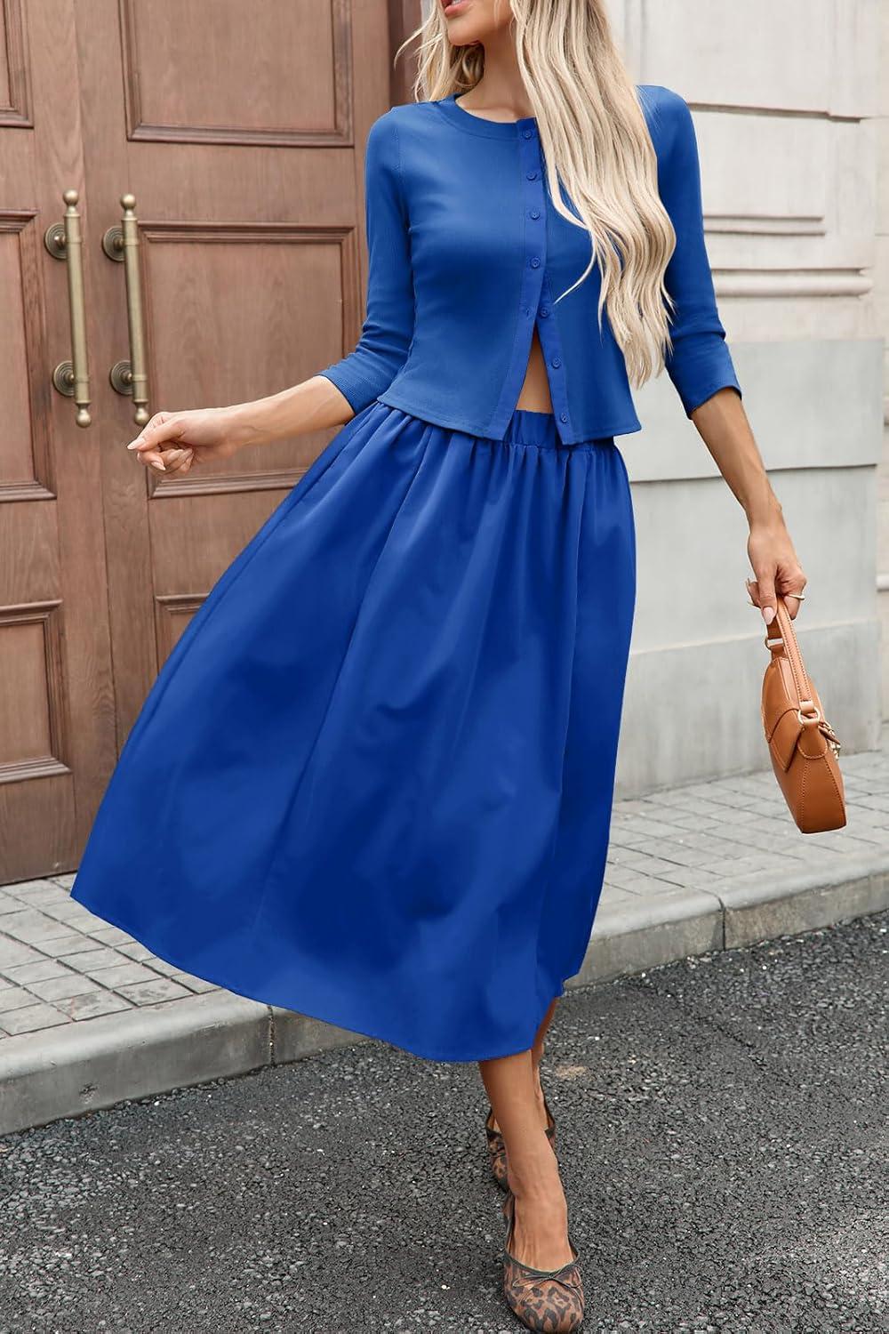 imageTankaneo Womens 2 Piece Skirt Sets 34 Sleeve Knit Cardigan Elastic Waist Midi Skirt Outfits Casual Matching Dress SetRoyal Blue