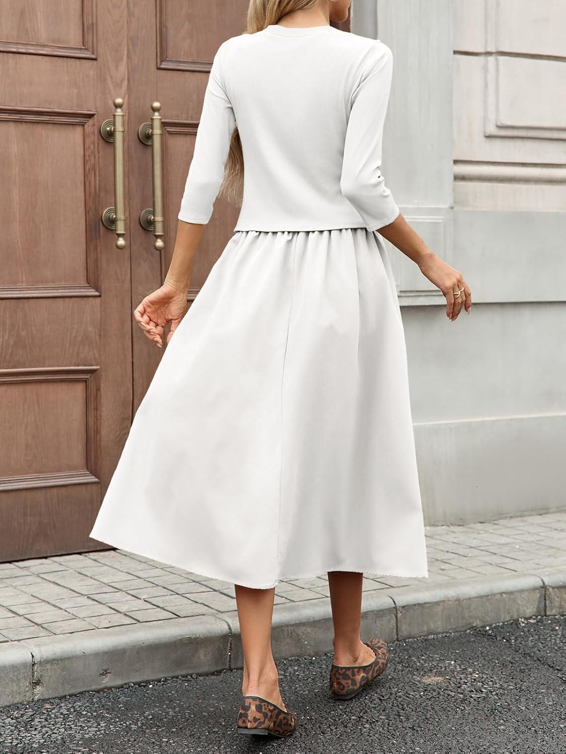 imageTankaneo Womens 2 Piece Skirt Sets 34 Sleeve Knit Cardigan Elastic Waist Midi Skirt Outfits Casual Matching Dress SetWhite