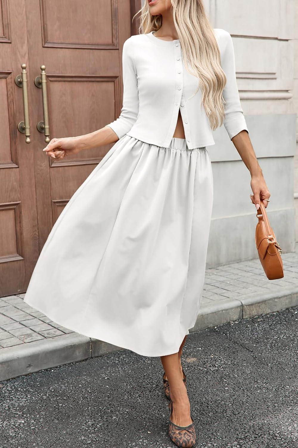 imageTankaneo Womens 2 Piece Skirt Sets 34 Sleeve Knit Cardigan Elastic Waist Midi Skirt Outfits Casual Matching Dress SetWhite