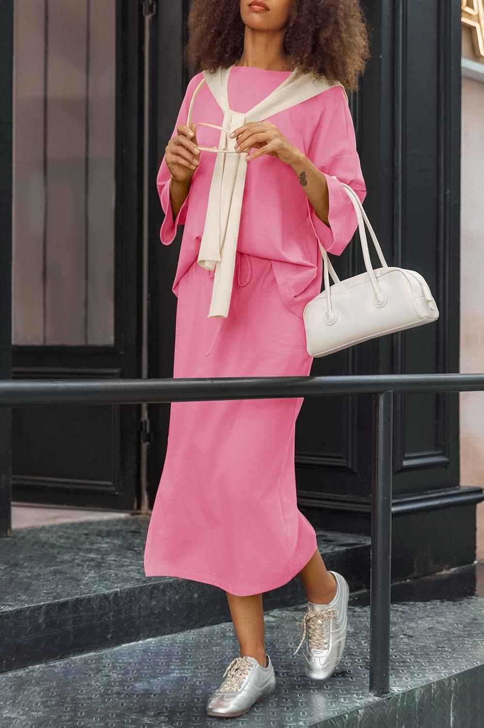 imageTankaneo Womens 2 Piece Skirt Sets Oversized 34 Sleeve Top and Maxi Skirt Fall Matching Outfits Travel Vacation SetPink