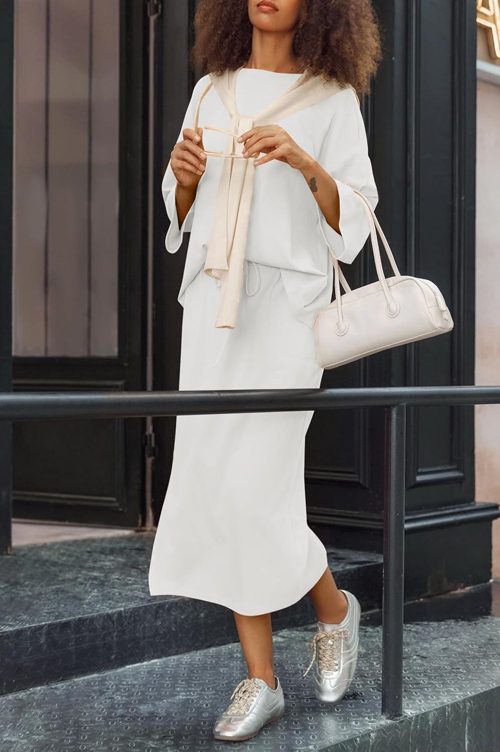 imageTankaneo Womens 2 Piece Skirt Sets Oversized 34 Sleeve Top and Maxi Skirt Fall Matching Outfits Travel Vacation SetWhite