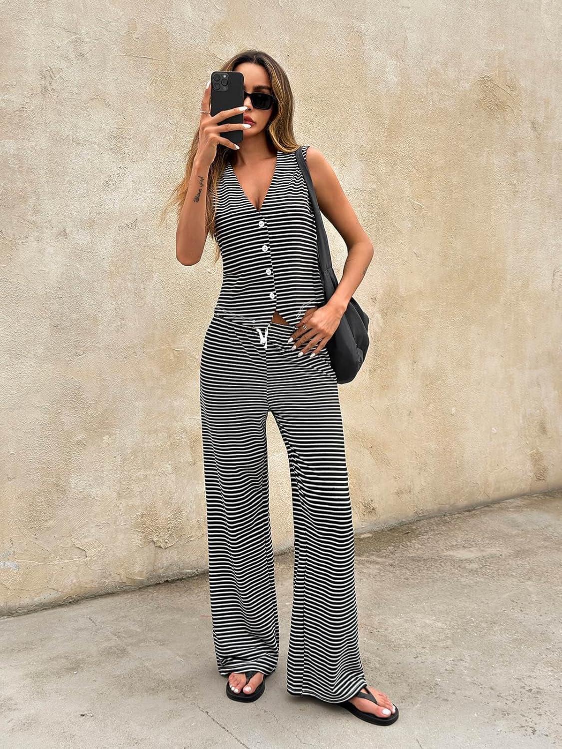 imageTankaneo Womens 2 Piece Striped Sets Sleeveless V Neck Button Vest and Drawstring Pants Lounge SetBlack