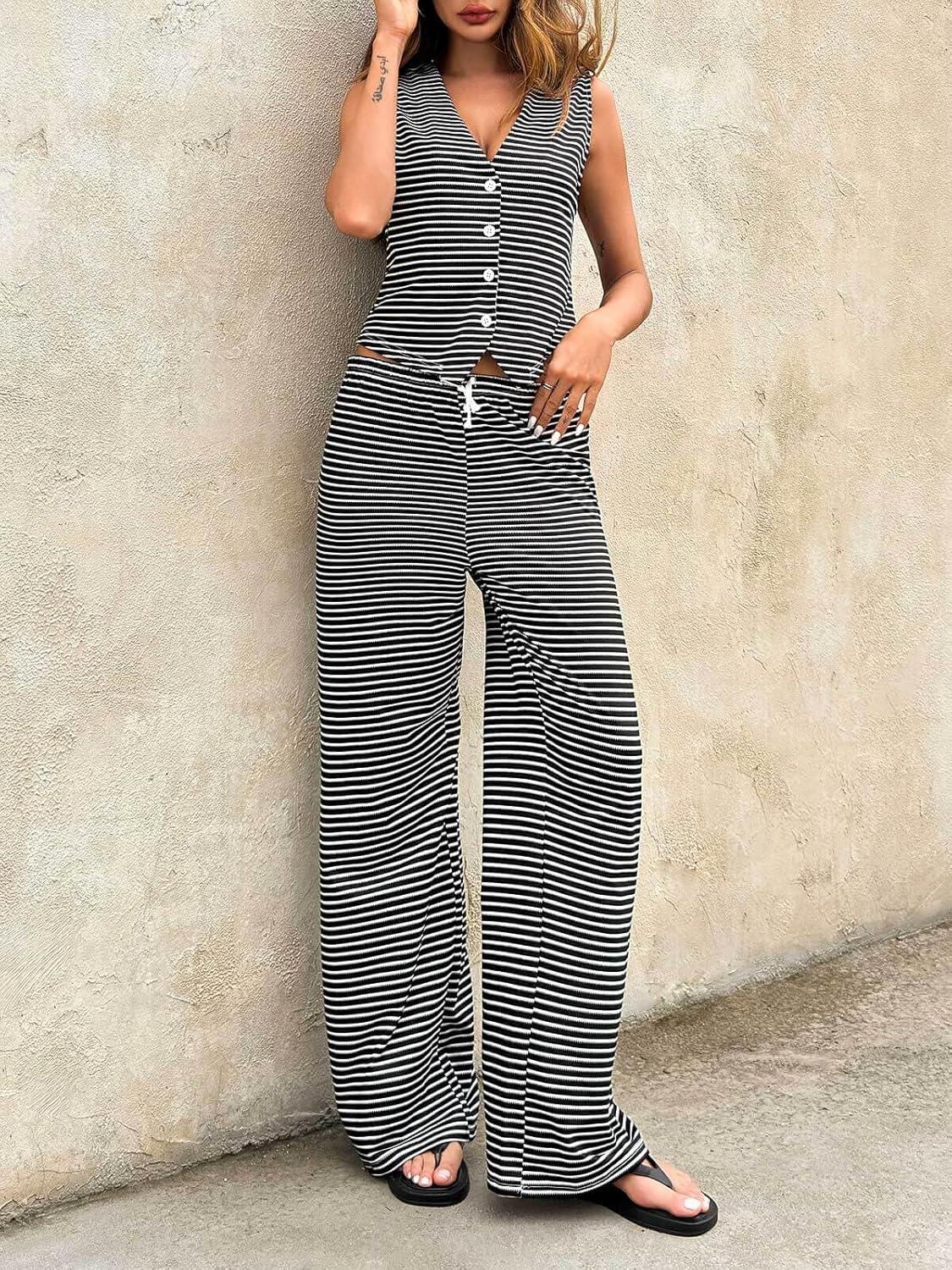 imageTankaneo Womens 2 Piece Striped Sets Sleeveless V Neck Button Vest and Drawstring Pants Lounge SetBlack