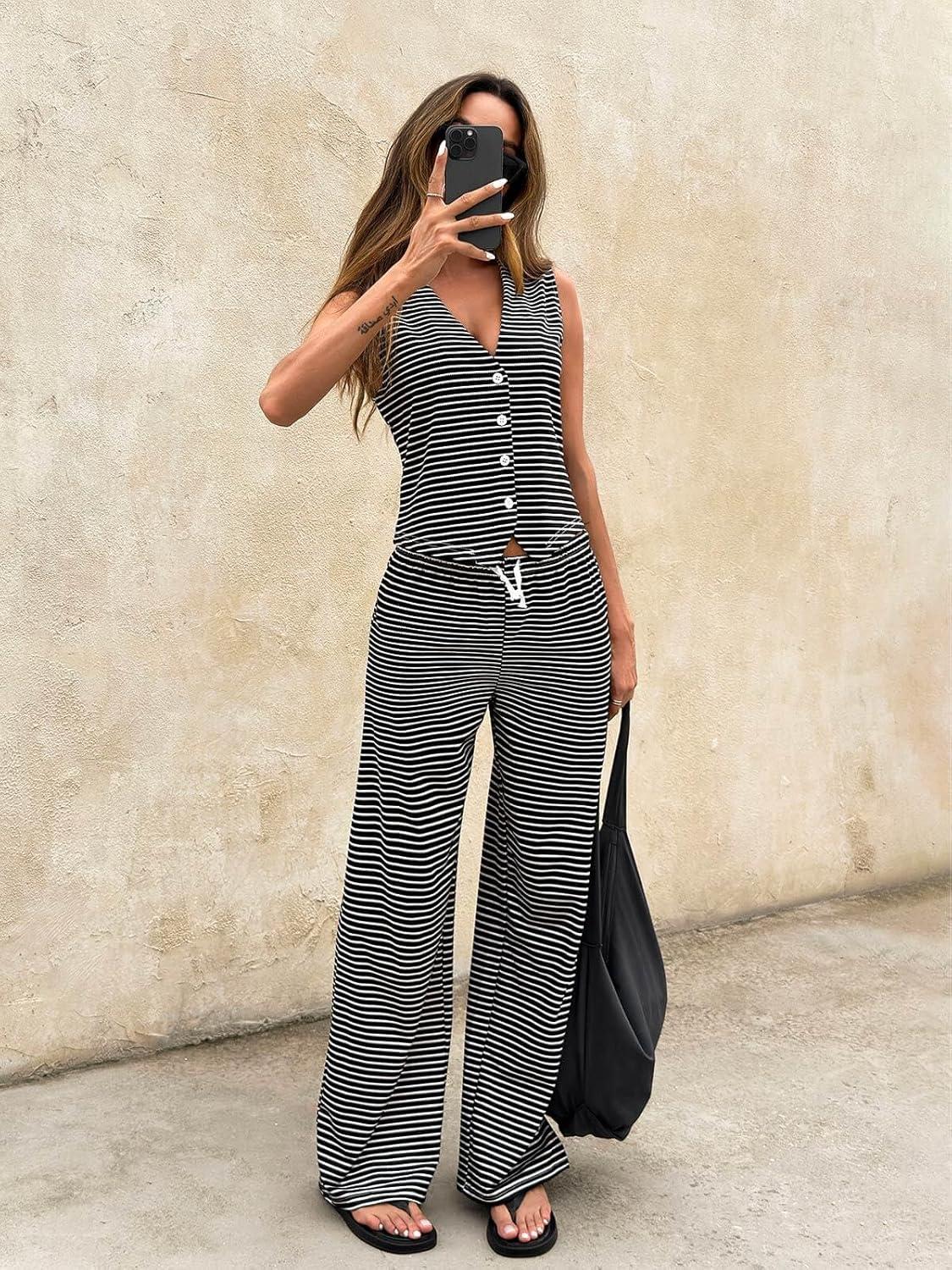 imageTankaneo Womens 2 Piece Striped Sets Sleeveless V Neck Button Vest and Drawstring Pants Lounge SetBlack
