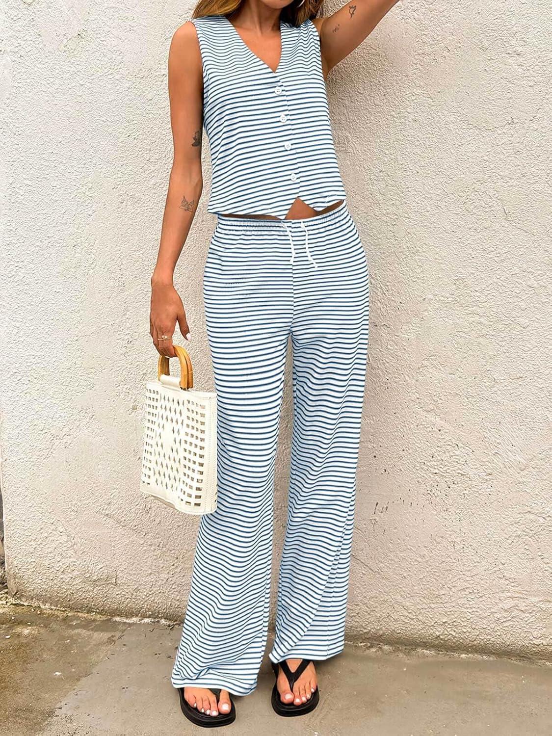 imageTankaneo Womens 2 Piece Striped Sets Sleeveless V Neck Button Vest and Drawstring Pants Lounge SetBlue